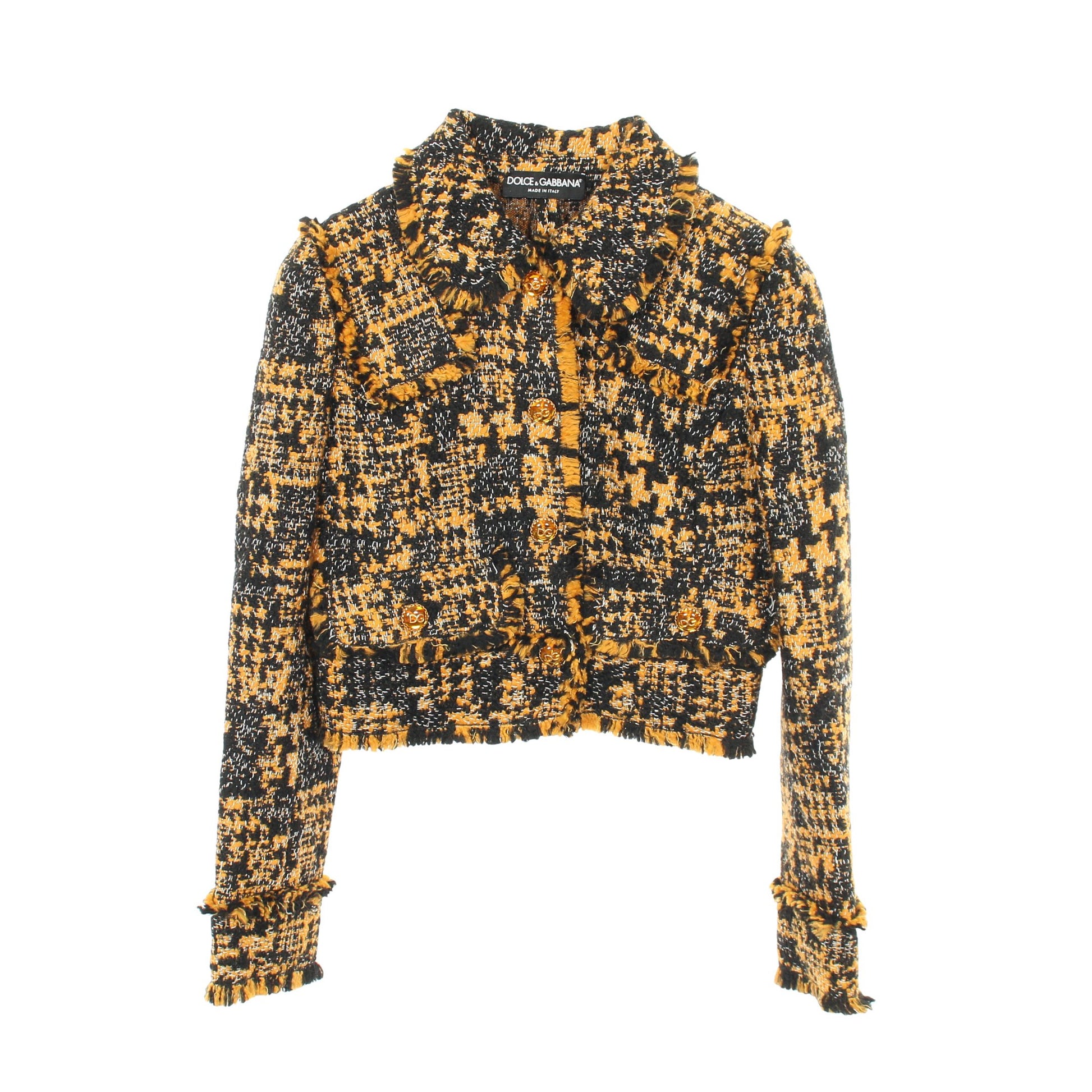 クロップド ツイード ジャケット ウール オレンジイエロー ブラック ビジューボタン ドルチェアンドガッバーナ アウター DOLCE&GABBANA