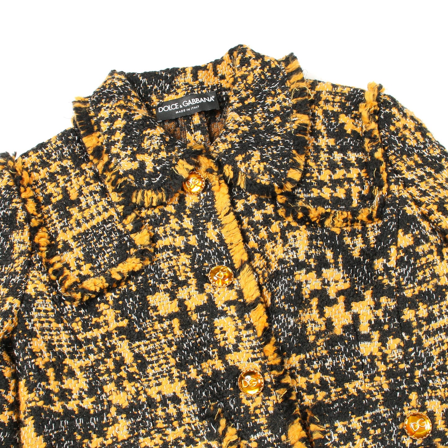 クロップド ツイード ジャケット ウール オレンジイエロー ブラック ビジューボタン ドルチェアンドガッバーナ アウター DOLCE&GABBANA