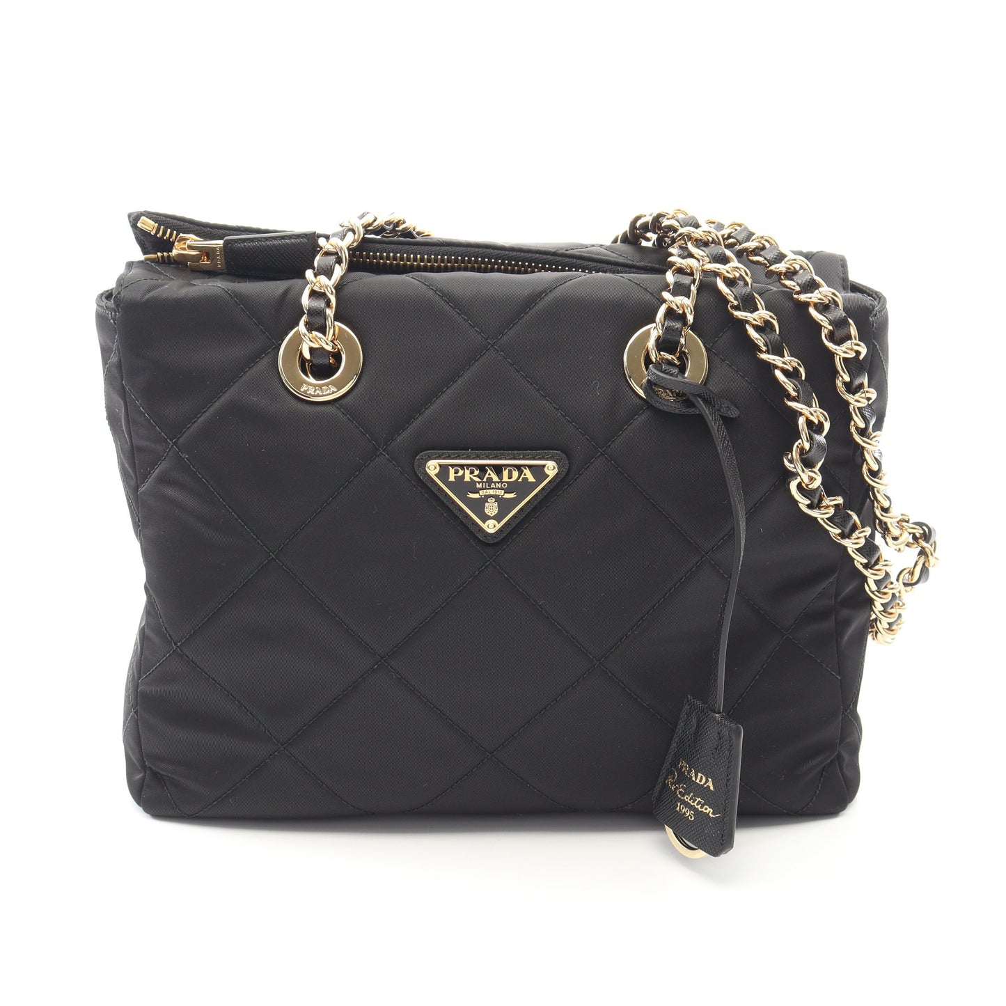 Re-Edition 1995 チェーンショルダーバッグ ナイロン サフィアーノレザー ブラック プラダ バッグ PRADA