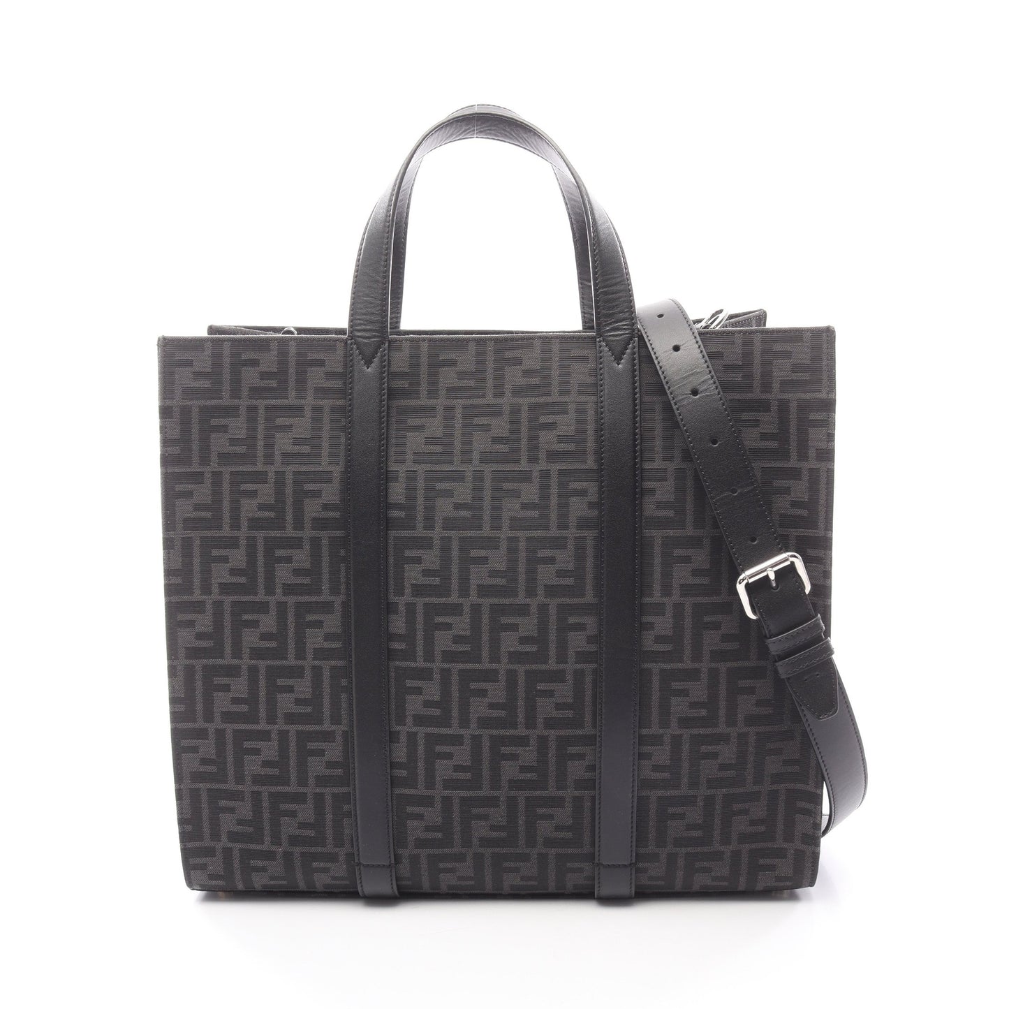 FFジャカード ハンドバッグ トートバッグ キャンバス レザー ブラック ダークグレー 2WAY フェンディ バッグ FENDI