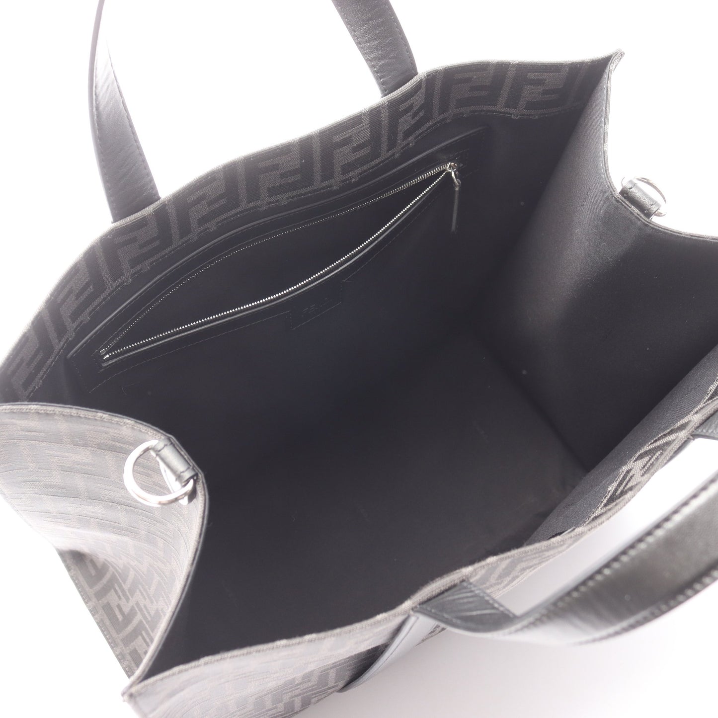 FFジャカード ハンドバッグ トートバッグ キャンバス レザー ブラック ダークグレー 2WAY フェンディ バッグ FENDI