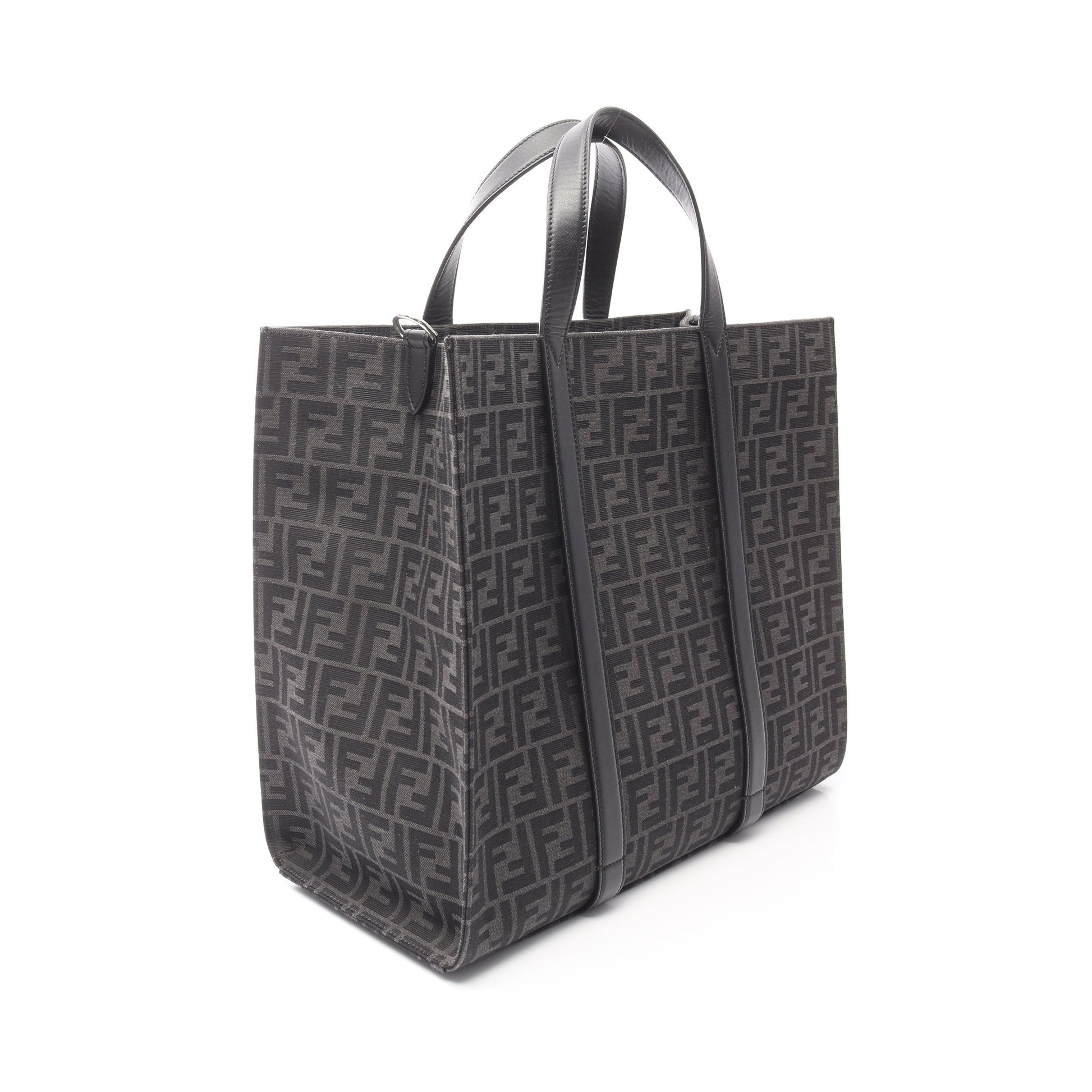 FFジャカード ハンドバッグ トートバッグ キャンバス レザー ブラック ダークグレー 2WAY フェンディ バッグ FENDI