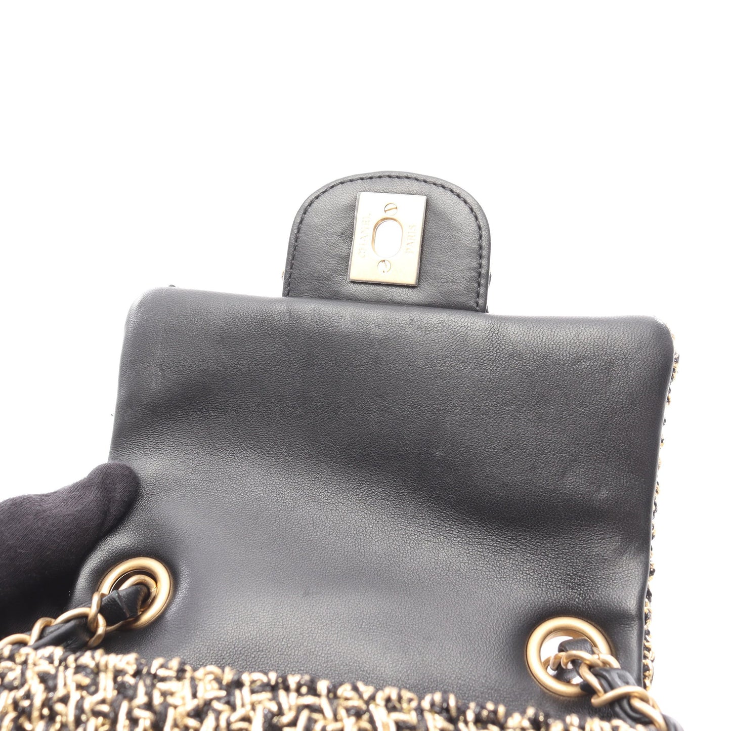 マトラッセ スモールフラップ チェーンショルダーバッグ ツイード ブラック ゴールド ゴールド金具 シャネル