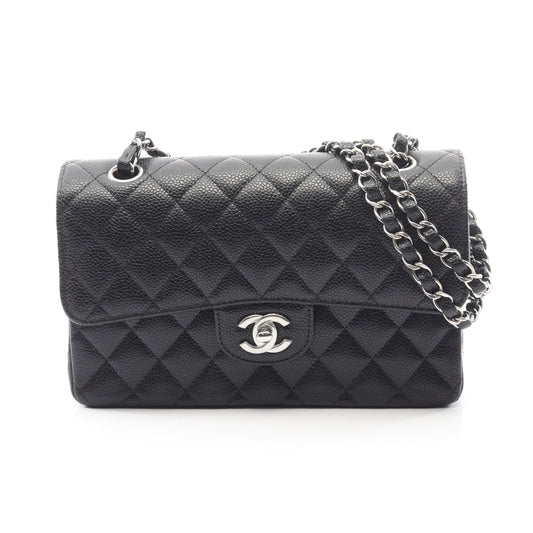 マトラッセ Wフラップ Wチェーンショルダーバッグ キャビアスキン ブラック シルバー金具 シャネル