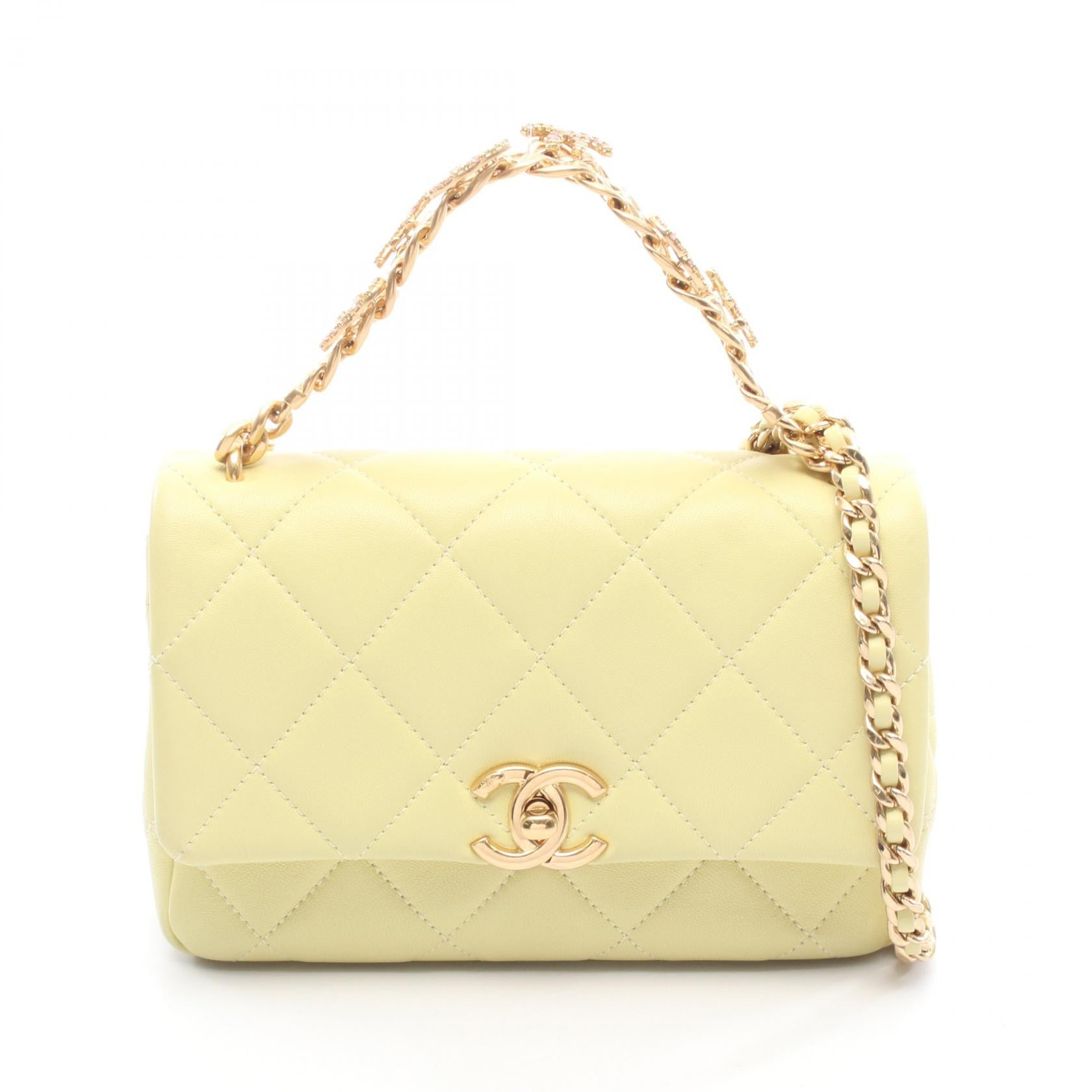 マトラッセ ココマーク チェーンショルダーバッグ レザー ライトイエロー ゴールド金具 シャネル バッグ CHANEL