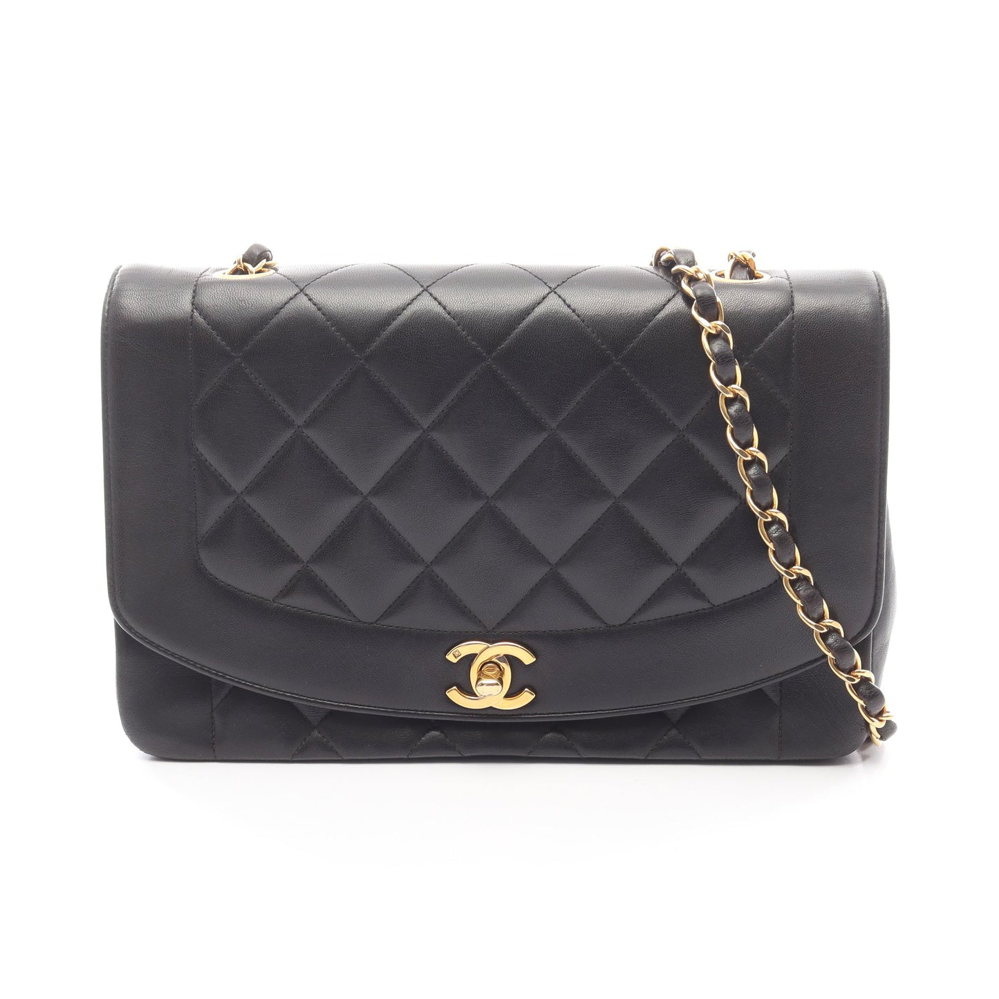 マトラッセ ダイアナフラップ チェーンショルダーバッグ ラムスキン ブラック ゴールド金具 シャネル バッグ CHANEL