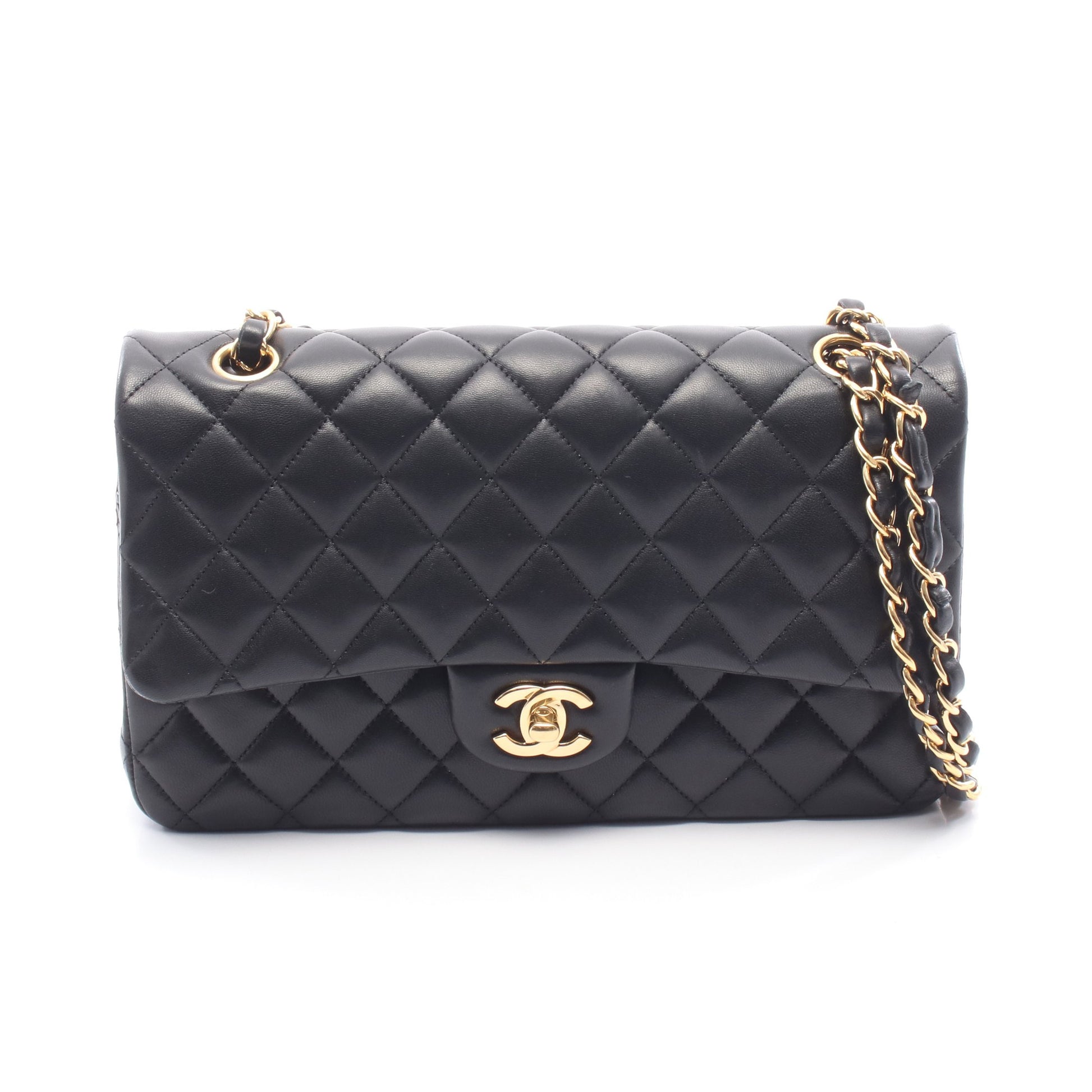 マトラッセ Wフラップ Wチェーンショルダーバッグ ラムスキン ブラック ゴールド金具 シャネル バッグ CHANEL