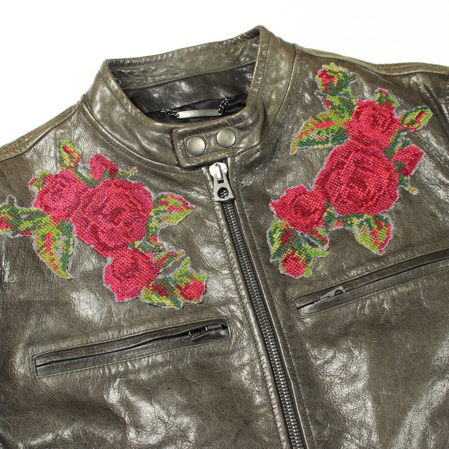 ジャケット 花柄 刺繍 レザー カーキグリーン マルチカラー ドルチェアンドガッバーナ アウター DOLCE&GABBANA