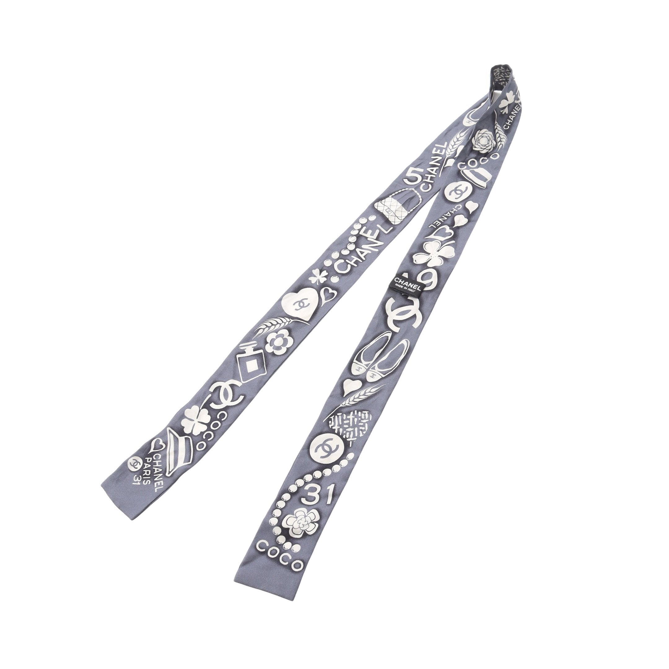 アイコン リボン スカーフ シルク グレー オフホワイト シャネル – RECLO