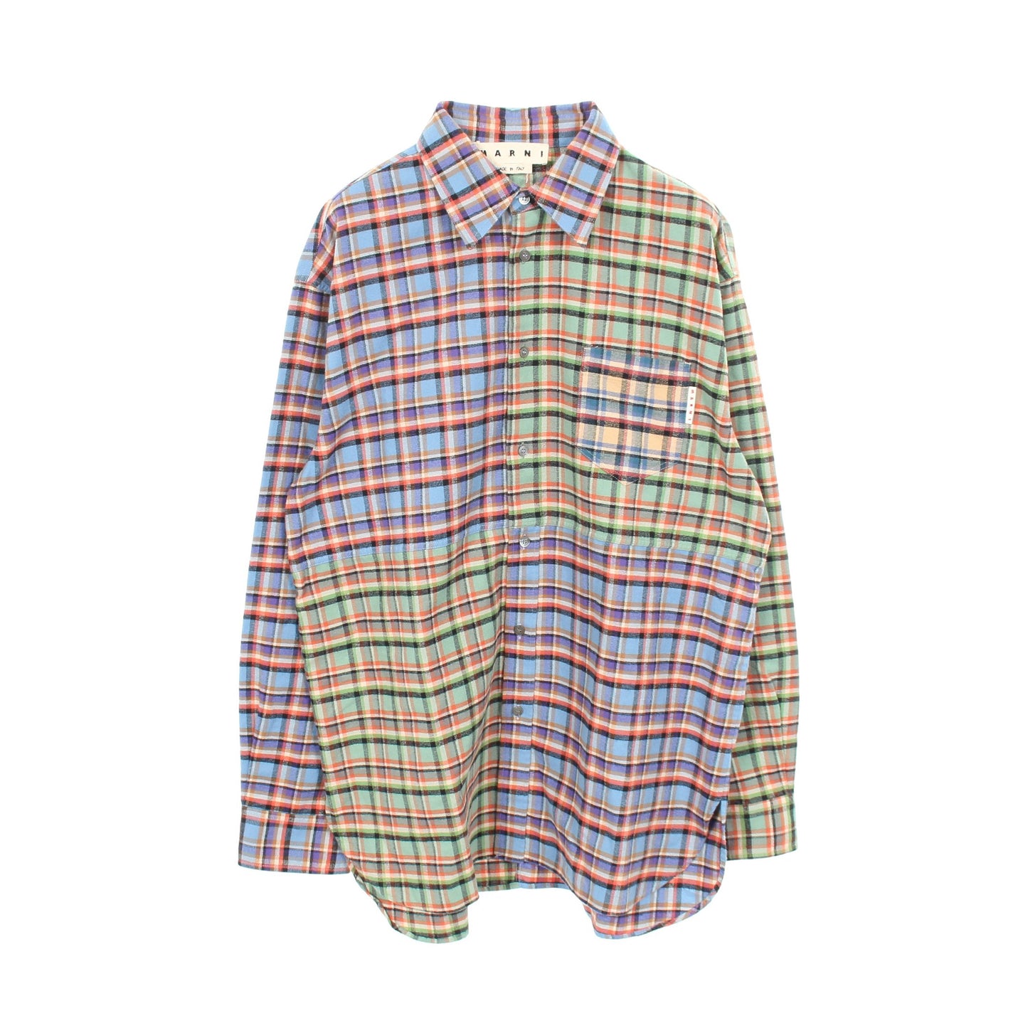 パッチワークシャツ ネルシャツ 長袖 チェック コットン ブルー グリーン マルチカラー マルニ トップス MARNI