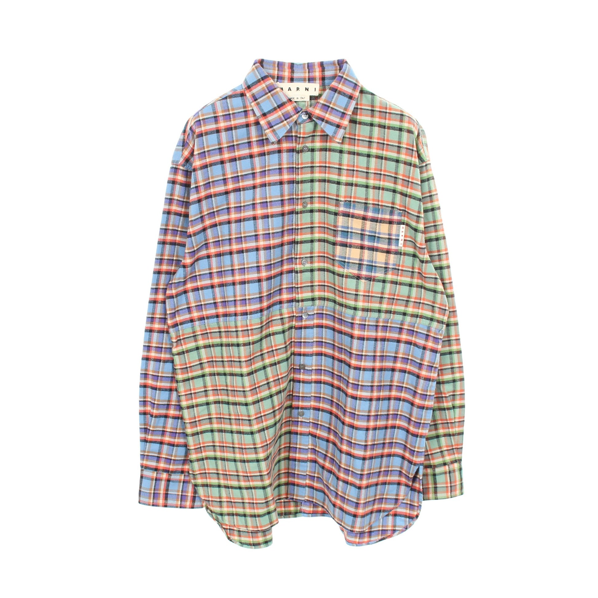パッチワークシャツ ネルシャツ 長袖 チェック コットン ブルー グリーン マルチカラー マルニ トップス MARNI