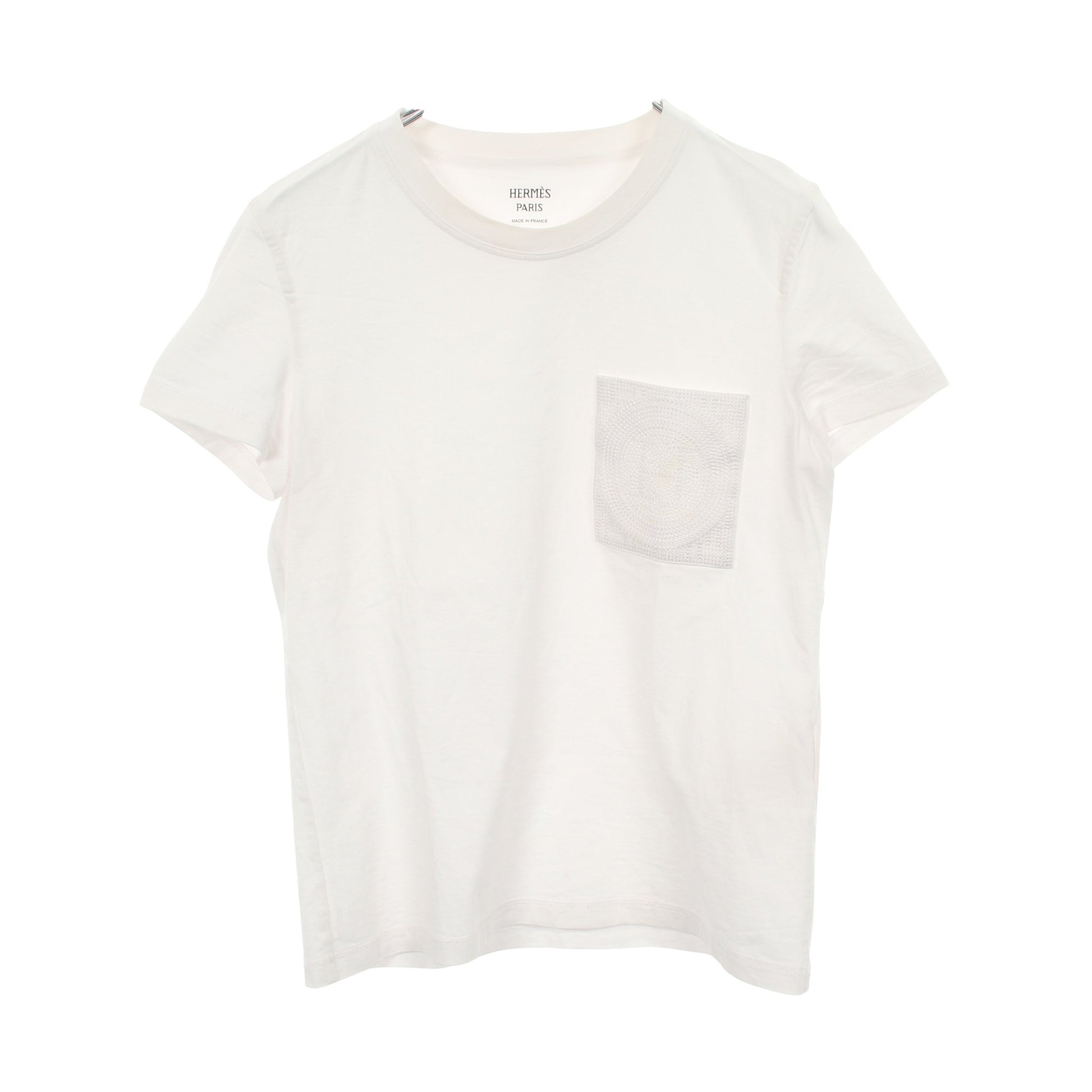 Hモザイク刺繍ポケット 半袖Tシャツ コットン ホワイト エルメス トップス HERMES