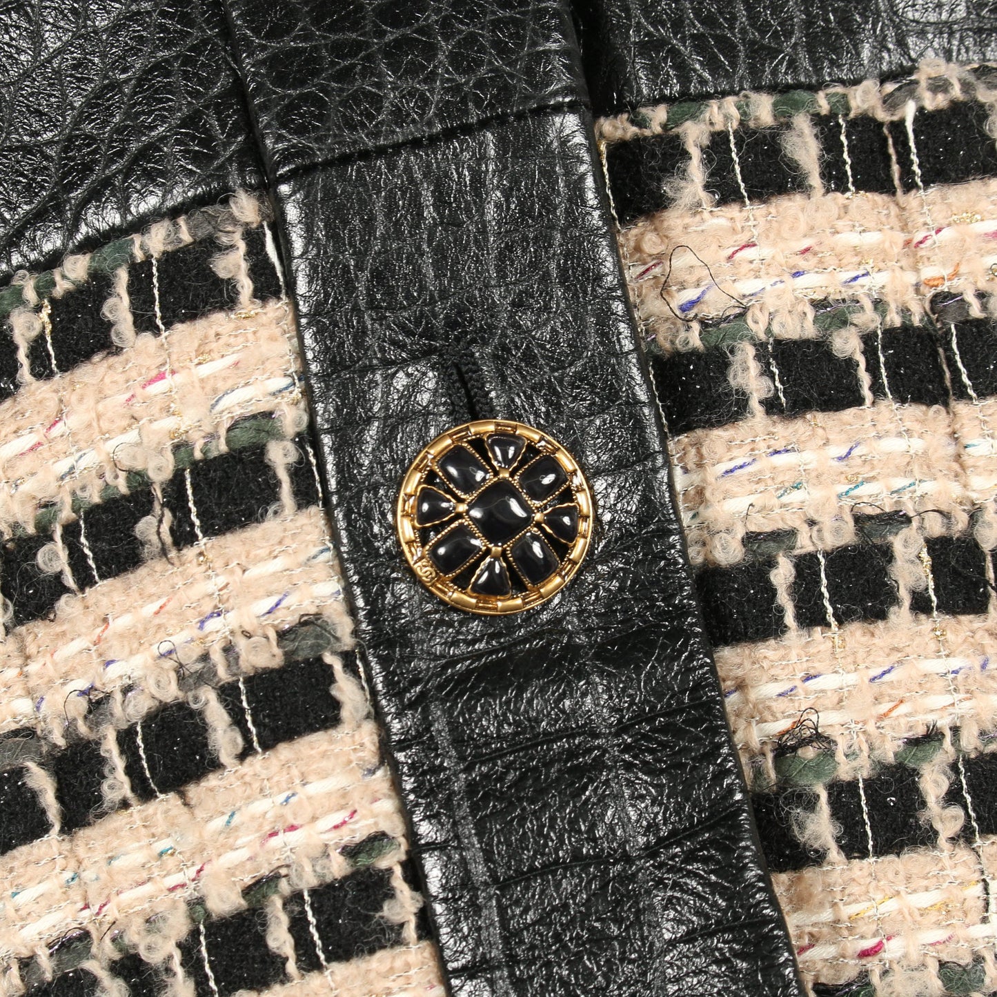 グリポアボタン ツイード コート ウール レザー ベージュ ブラック シャネル アウター CHANEL