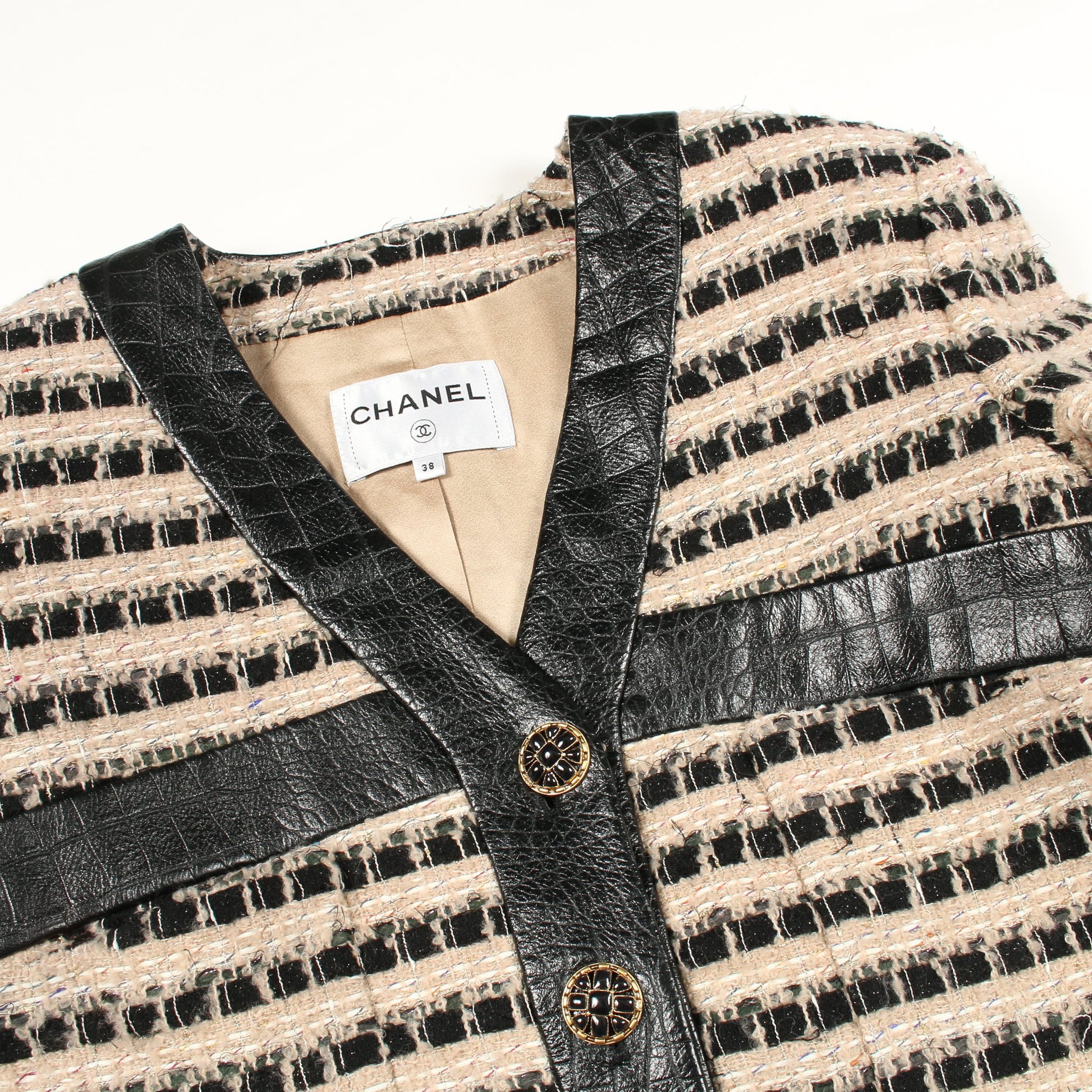 グリポアボタン ツイード コート ウール レザー ベージュ ブラック シャネル アウター CHANEL