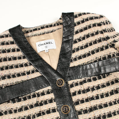 グリポアボタン ツイード コート ウール レザー ベージュ ブラック シャネル アウター CHANEL