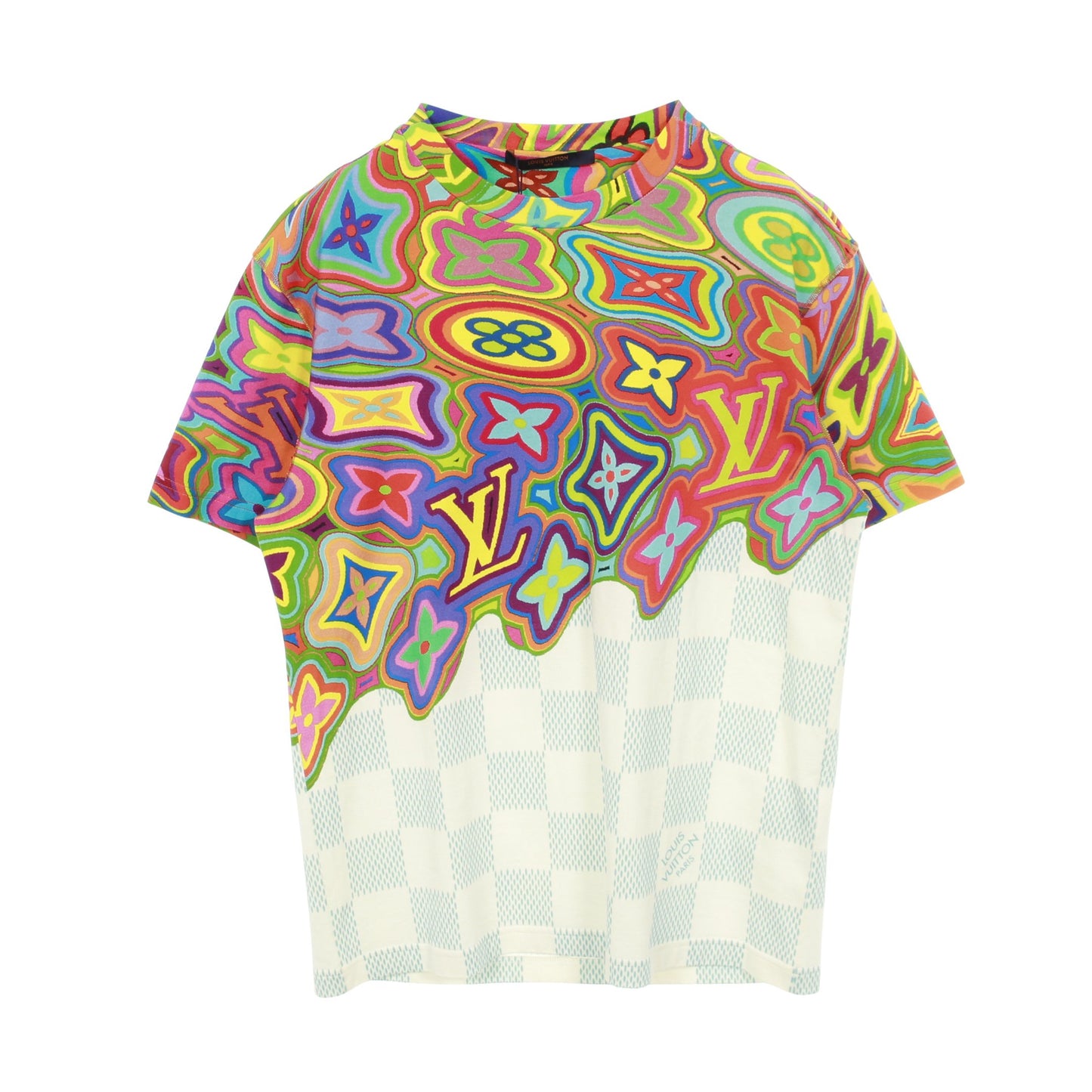 プリンテッドダミエLV 半袖Tシャツ クルーネック コットン ホワイト マルチカラー ルイヴィトン トップス LOUIS VUITTON