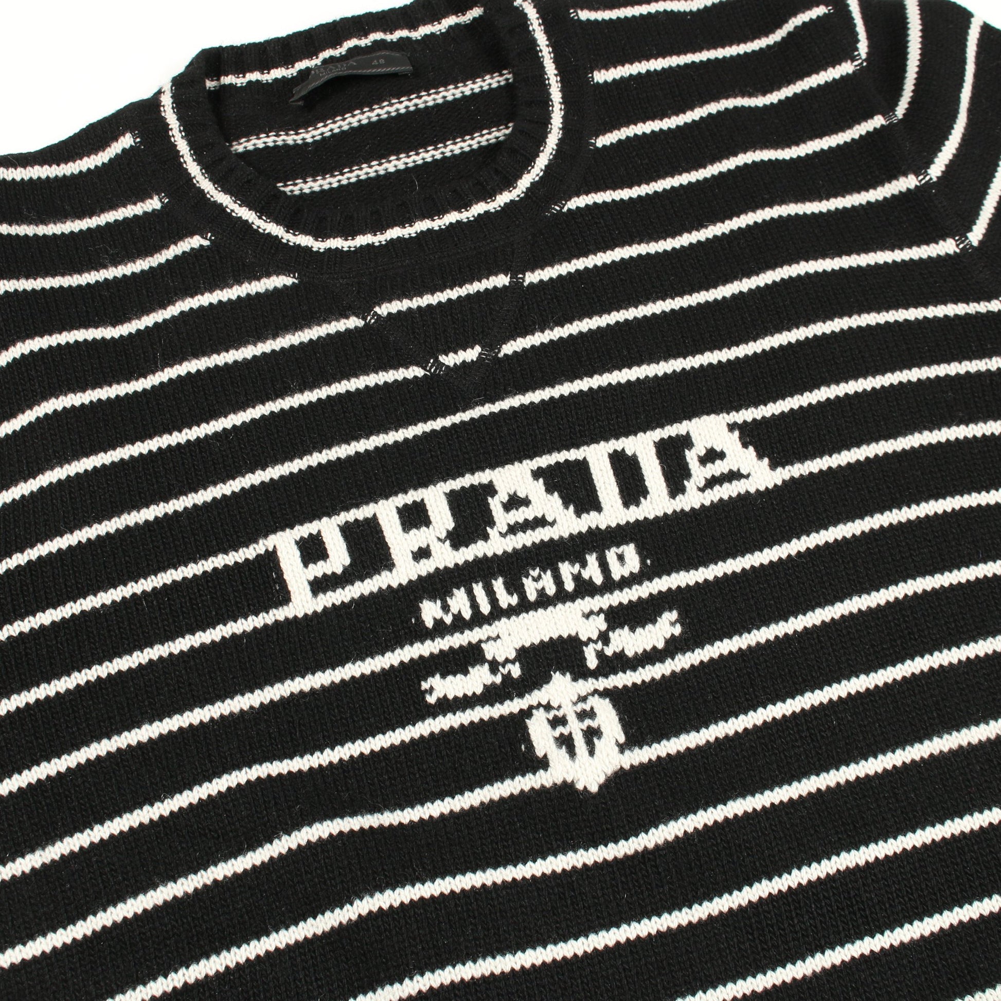 ニット クルーネック ロゴ ボーダー ウール カシミヤ ブラック ホワイト プラダ トップス PRADA