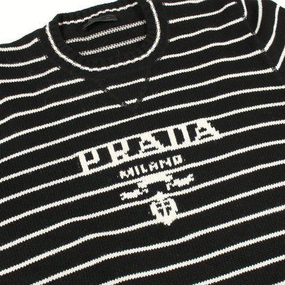 ニット クルーネック ロゴ ボーダー ウール カシミヤ ブラック ホワイト プラダ トップス PRADA