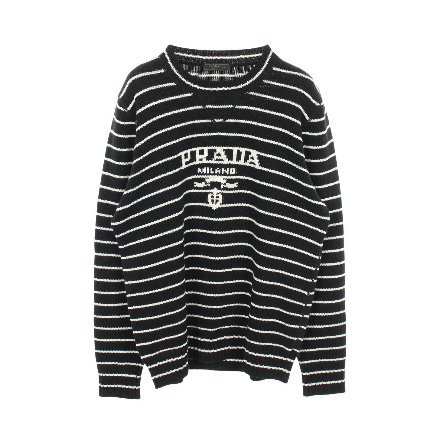 ニット クルーネック ロゴ ボーダー ウール カシミヤ ブラック ホワイト プラダ トップス PRADA
