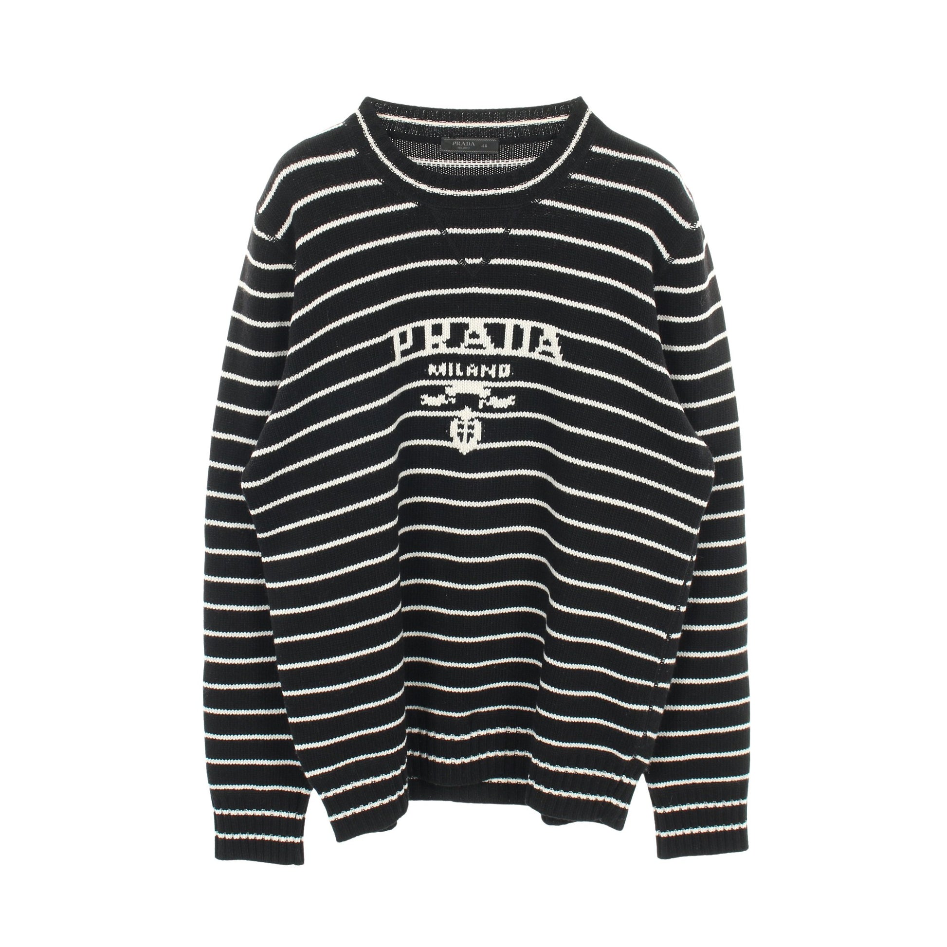 ニット クルーネック ロゴ ボーダー ウール カシミヤ ブラック ホワイト プラダ トップス PRADA