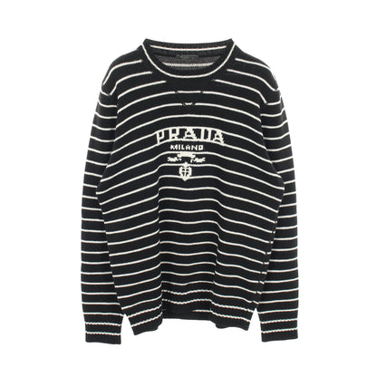ニット クルーネック ロゴ ボーダー ウール カシミヤ ブラック ホワイト プラダ トップス PRADA