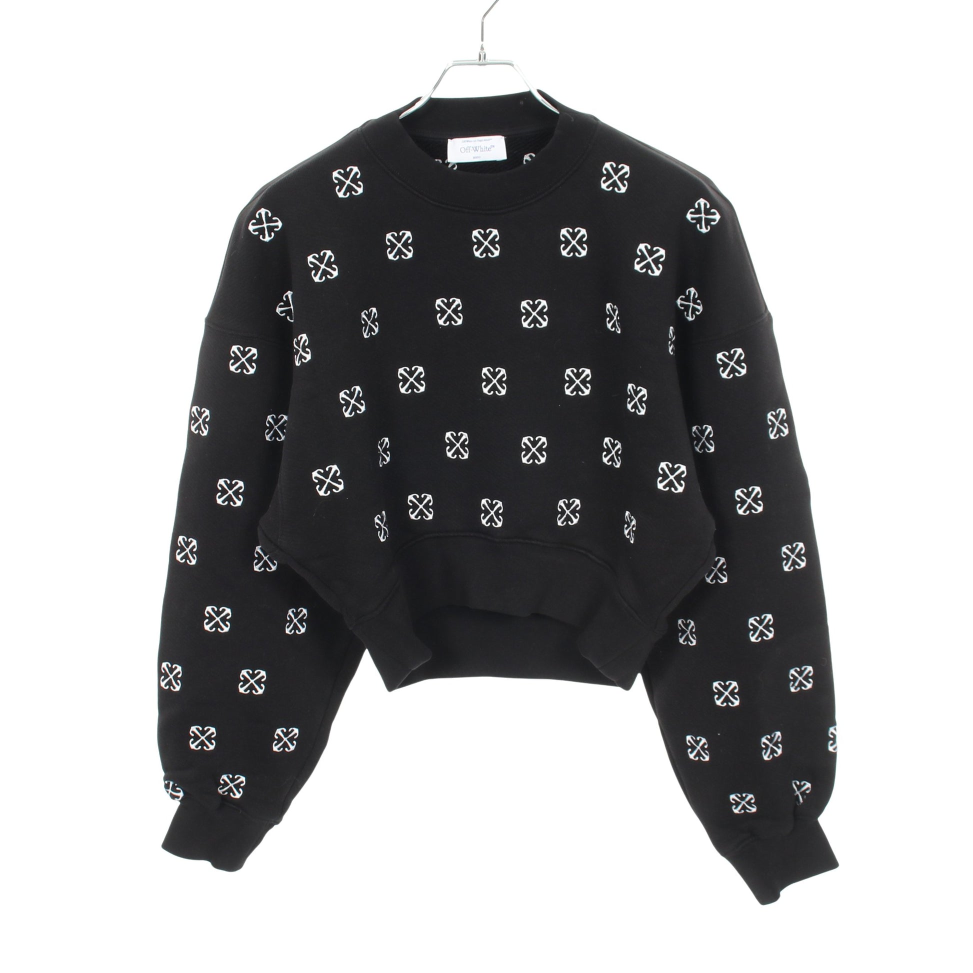 クロップド スウェットシャツ クルーネック ロゴ総柄 コットン ブラック オフホワイト トップス OFF-WHITE