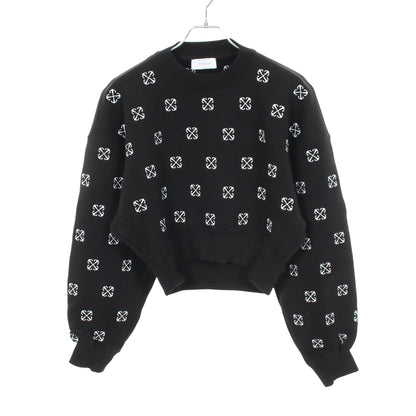 クロップド スウェットシャツ クルーネック ロゴ総柄 コットン ブラック オフホワイト トップス OFF-WHITE