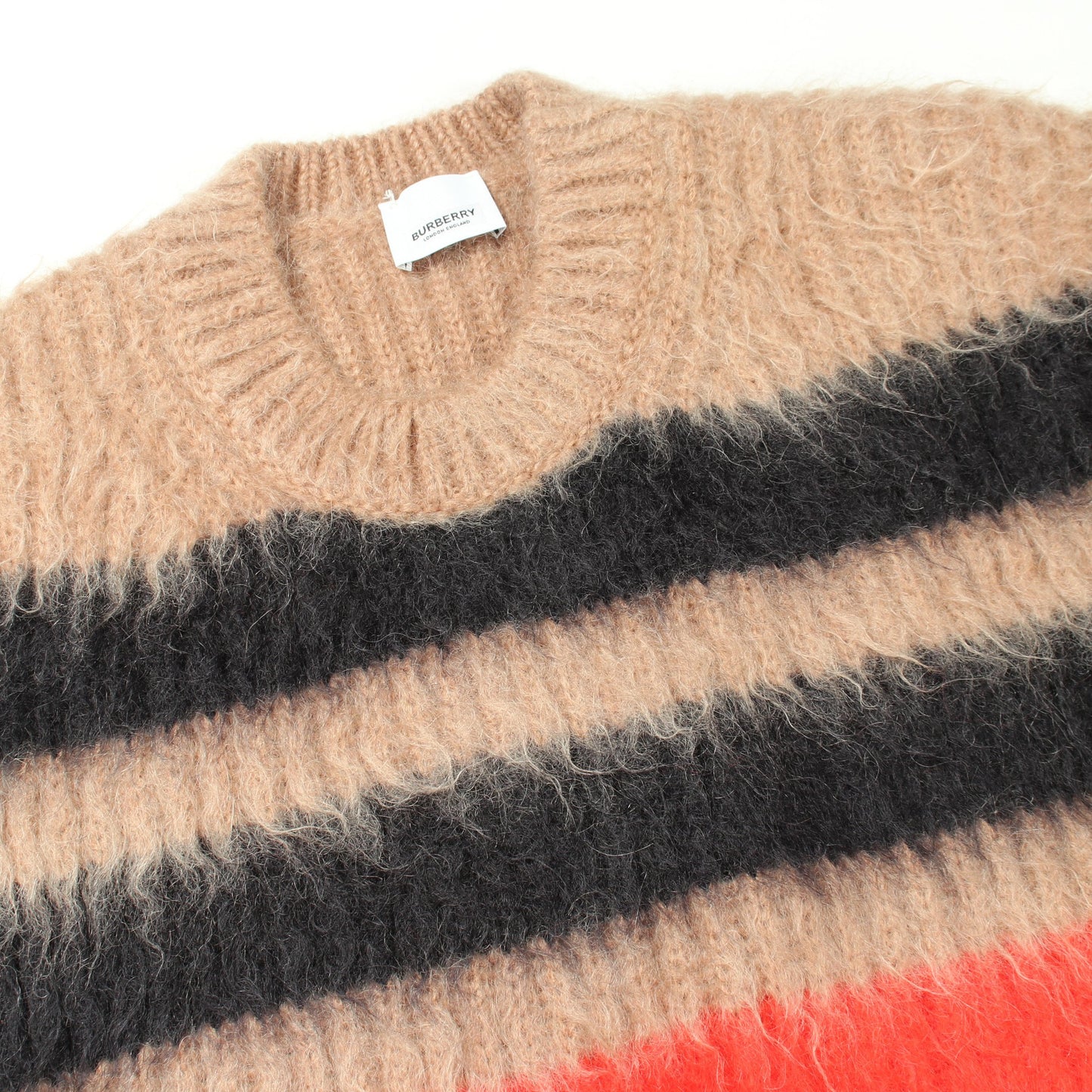 ニット クルーネック ボーダー モヘア シルク ライトブラウン ブラック レッド バーバリー トップス BURBERRY