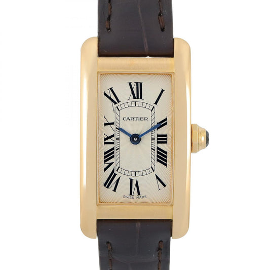 タンクアメリカン SM レディース 腕時計 クオーツ K18YG クロコ革 シルバー イエローゴールド カルティエ