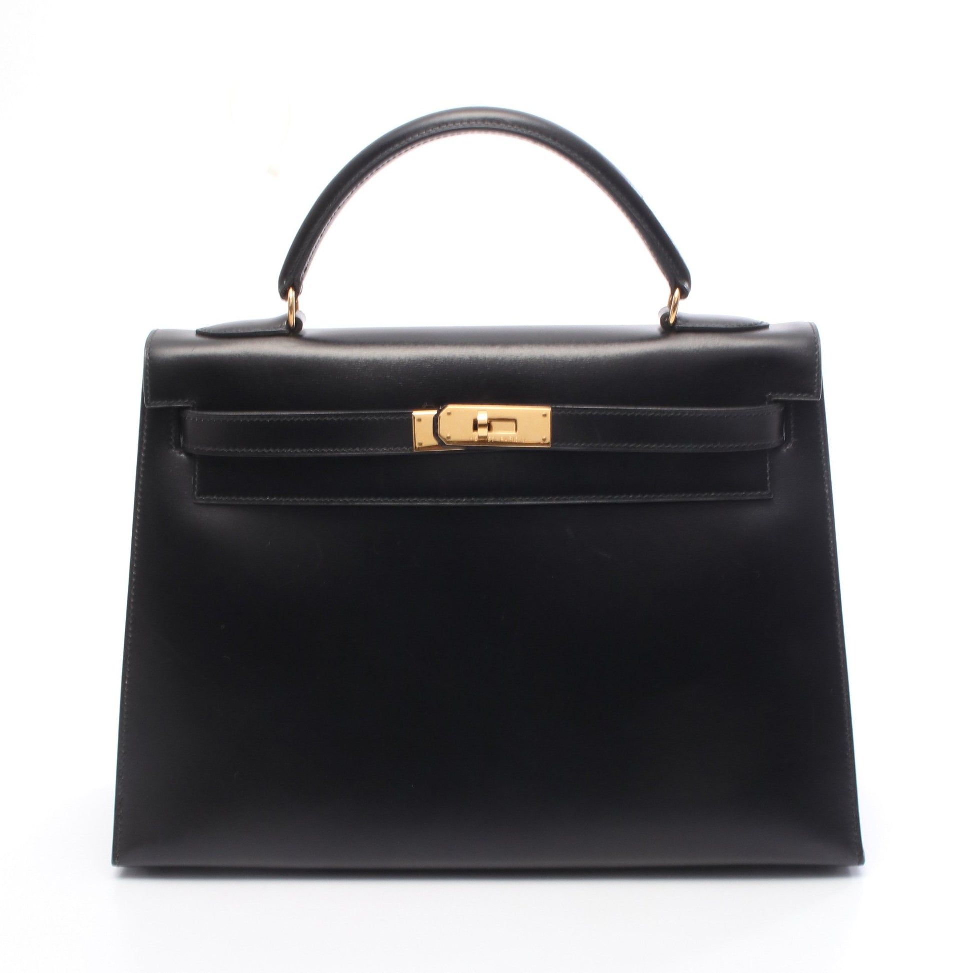 ケリー32 ハンドバッグ ボックスカーフ ブラック ゴールド金具 外縫い 2WAY ○V刻印 エルメス バッグ HERMES