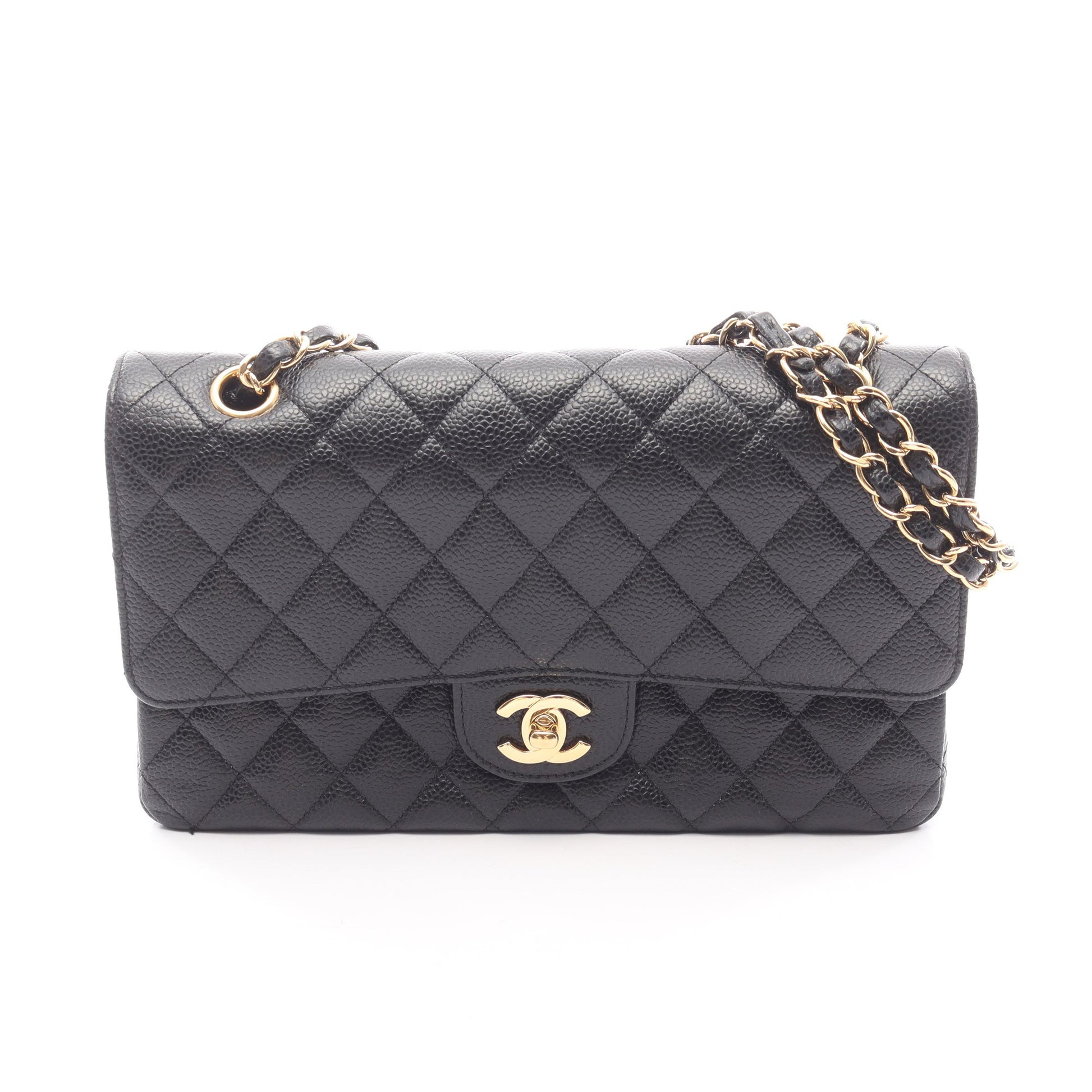 マトラッセ Wフラップ Wチェーンショルダーバッグ キャビアスキン ブラック ゴールド金具 シャネル バッグ CHANEL