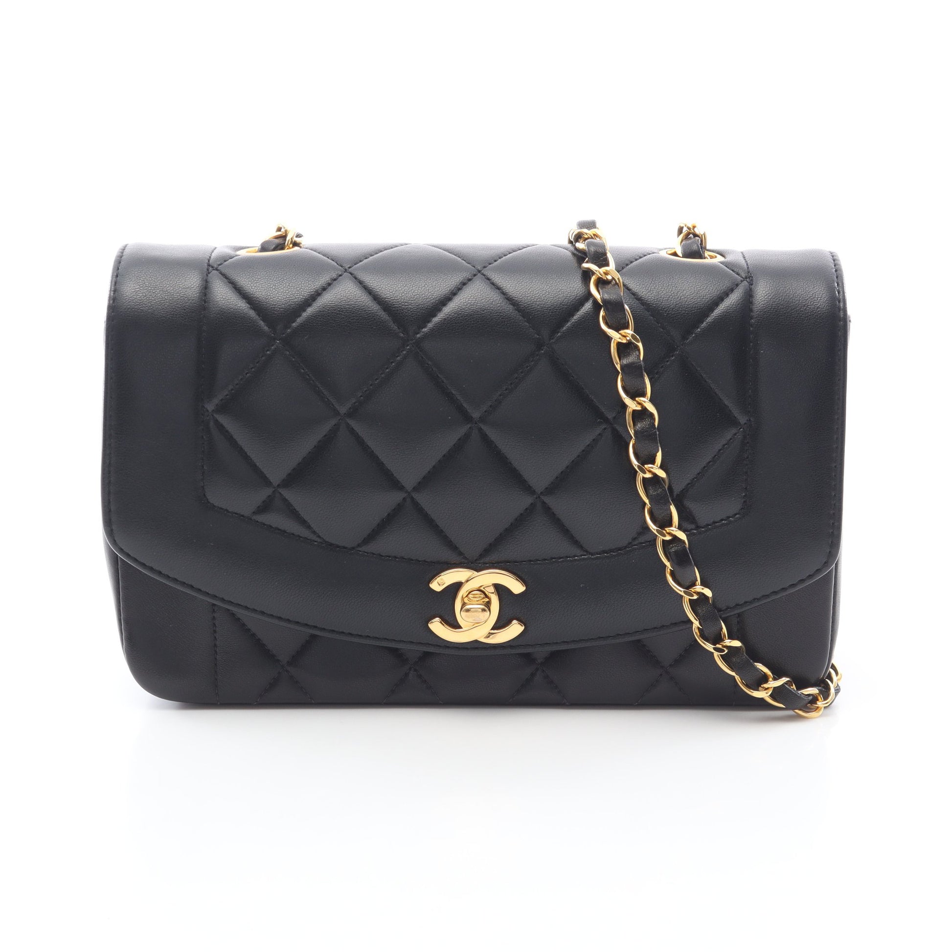 マトラッセ ダイアナフラップ チェーンショルダーバッグ ラムスキン ブラック ゴールド金具 シャネル バッグ CHANEL