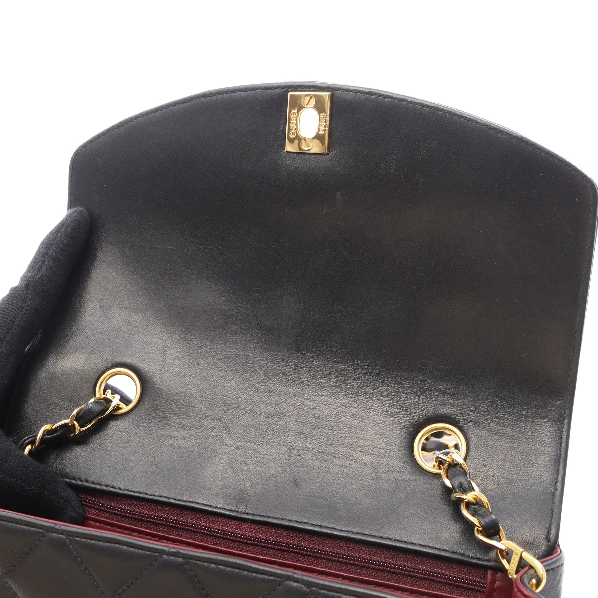 マトラッセ ダイアナフラップ チェーンショルダーバッグ ラムスキン ブラック ゴールド金具 シャネル バッグ CHANEL
