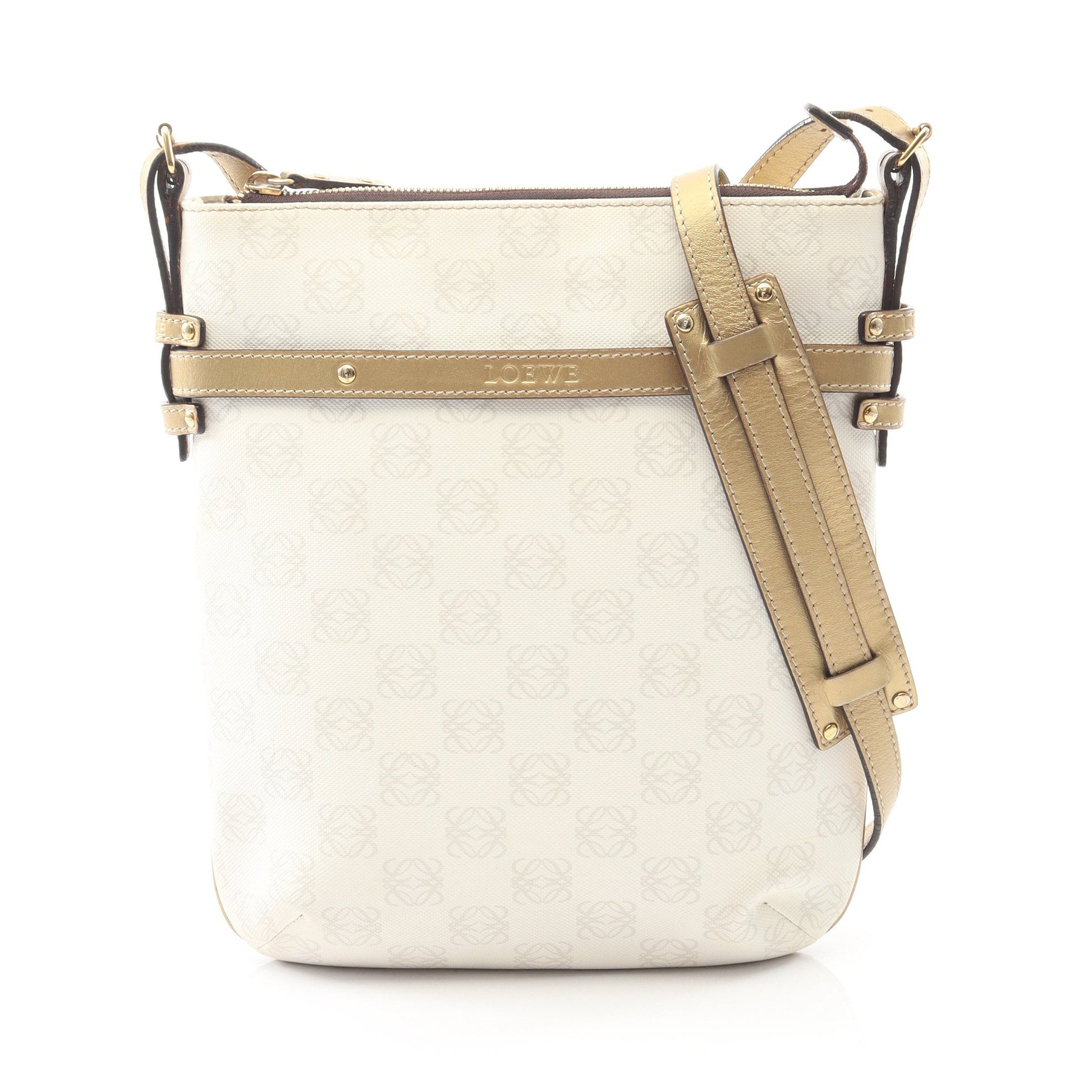 リピートアナグラム ショルダーバッグ PVC レザー ホワイト ゴールド ロエベ バッグ LOEWE