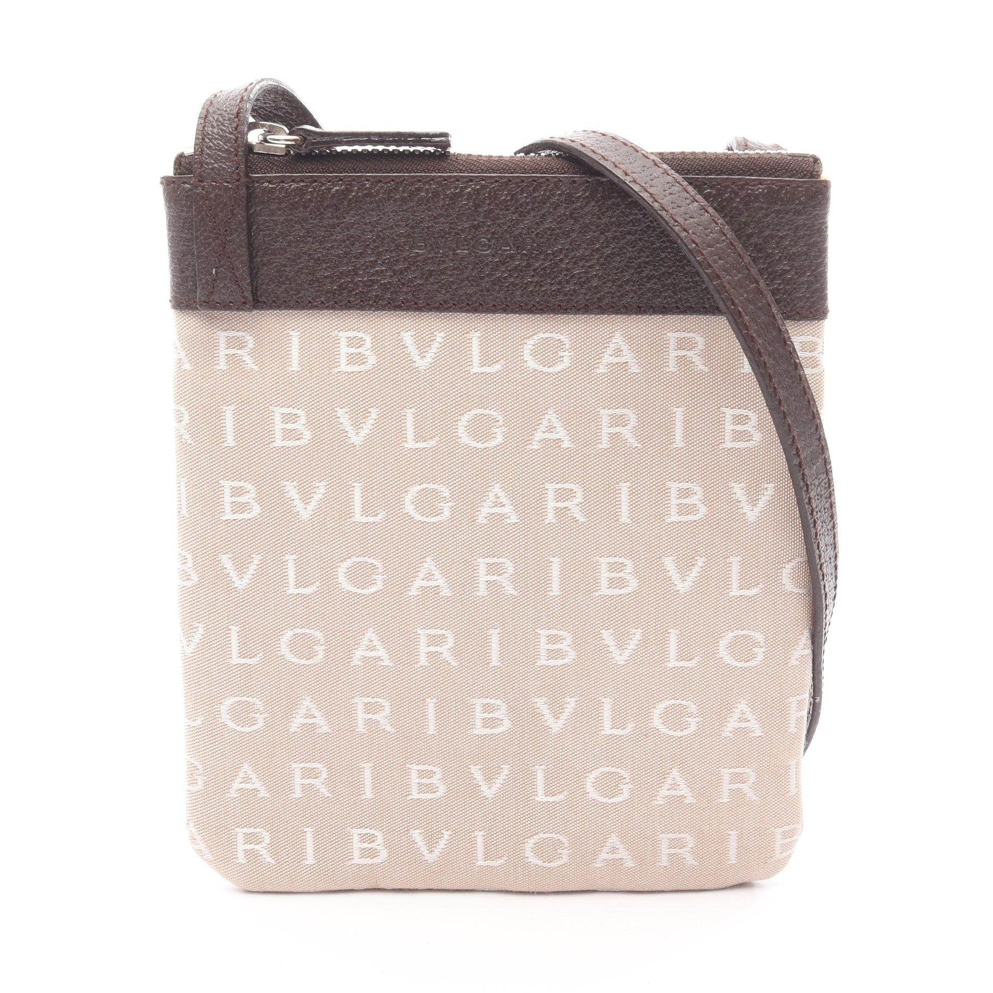 ロゴマニア ショルダーバッグ キャンバス レザー ベージュ ホワイト ダークブラウン ブルガリ バッグ BVLGARI