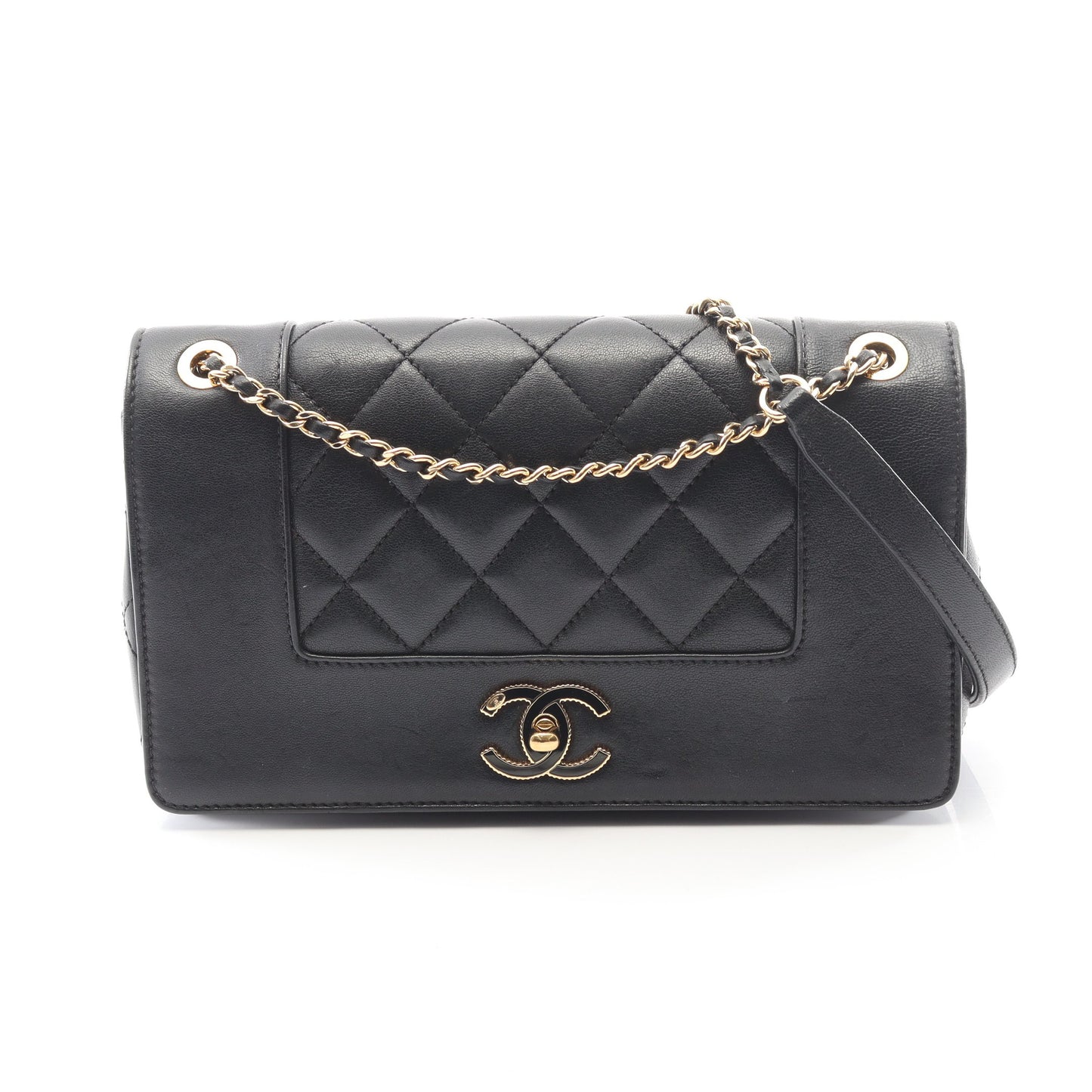 マドモアゼル マトラッセ Wフラップ チェーンショルダーバッグ ラムスキン ブラック ゴールド金具 シャネル バッグ CHANEL