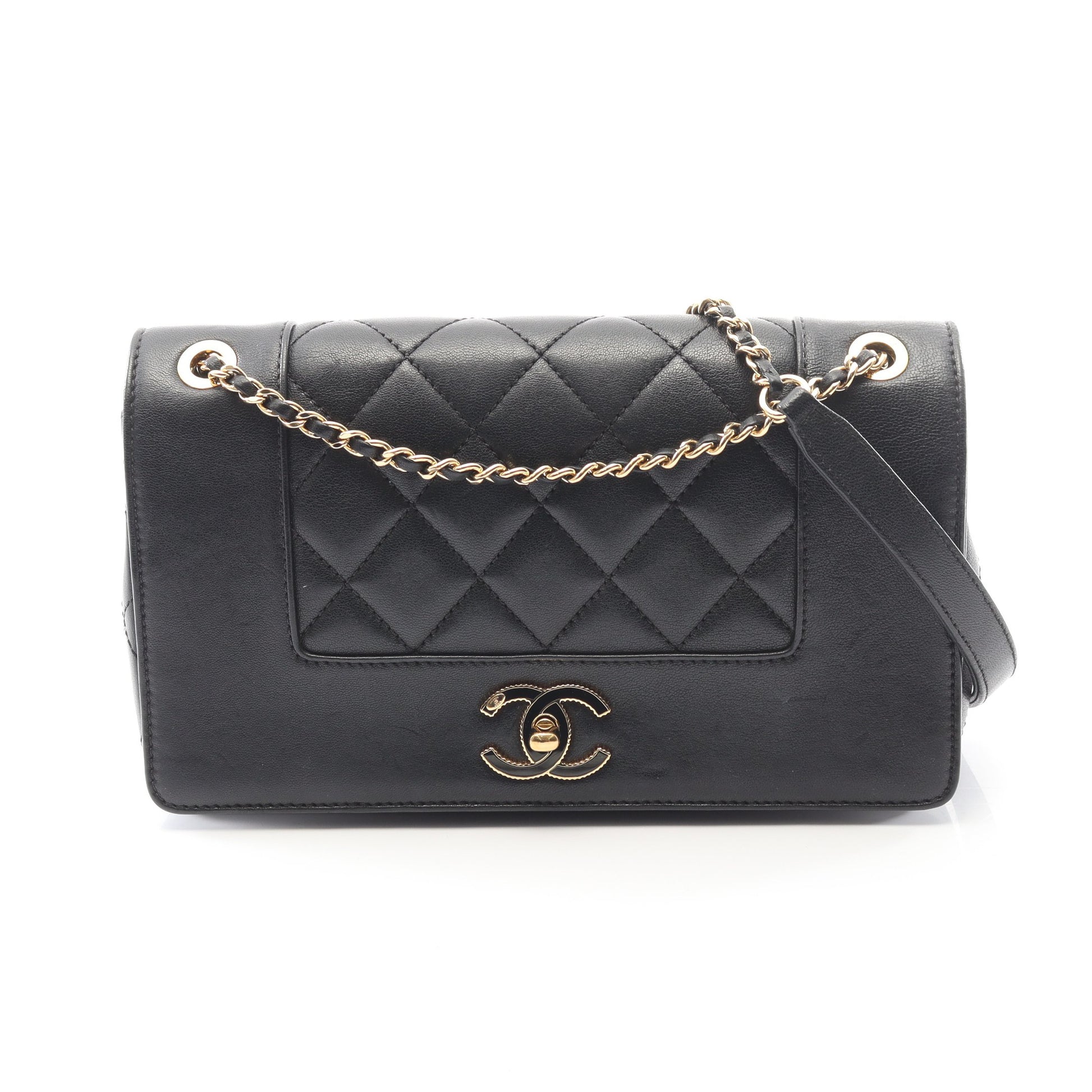 マドモアゼル マトラッセ Wフラップ チェーンショルダーバッグ ラムスキン ブラック ゴールド金具 シャネル バッグ CHANEL