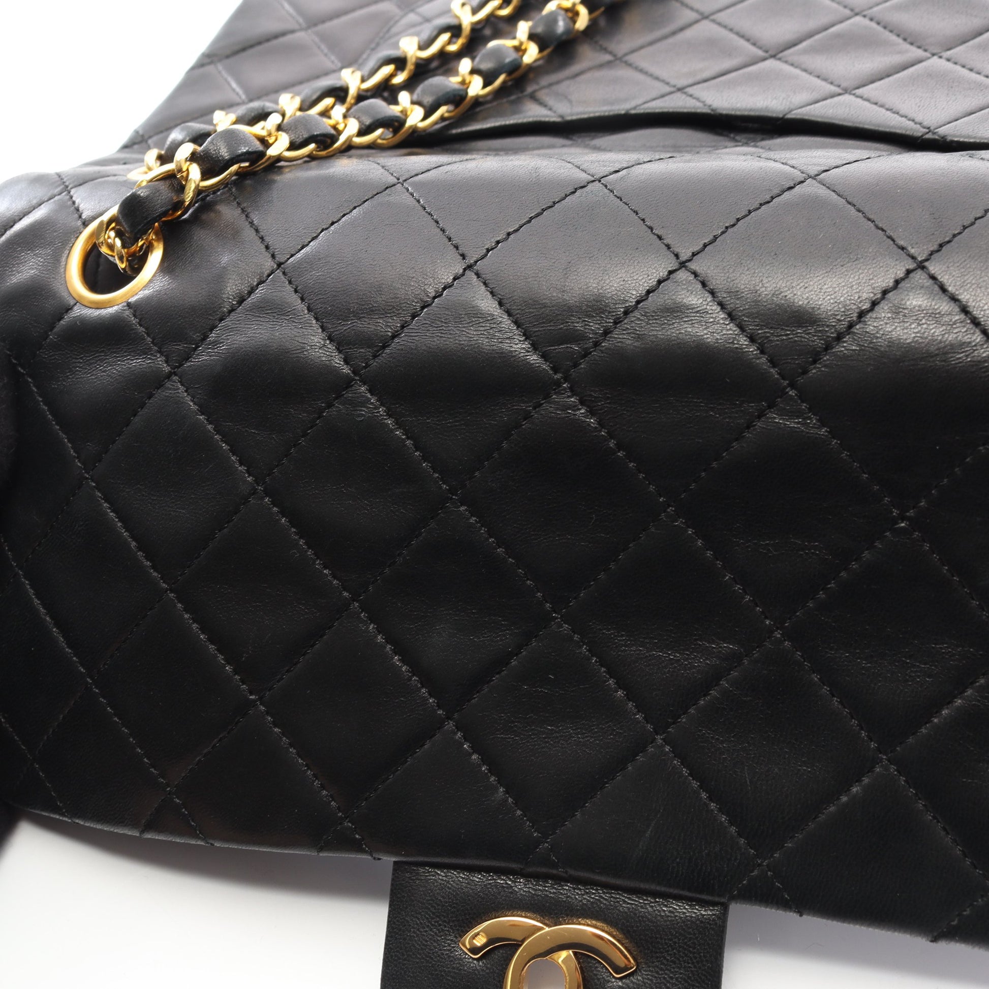 マトラッセ Wフラップ Wチェーンショルダーバッグ ラムスキン ブラック ゴールド金具 ヴィンテージ シャネル バッグ CHANEL