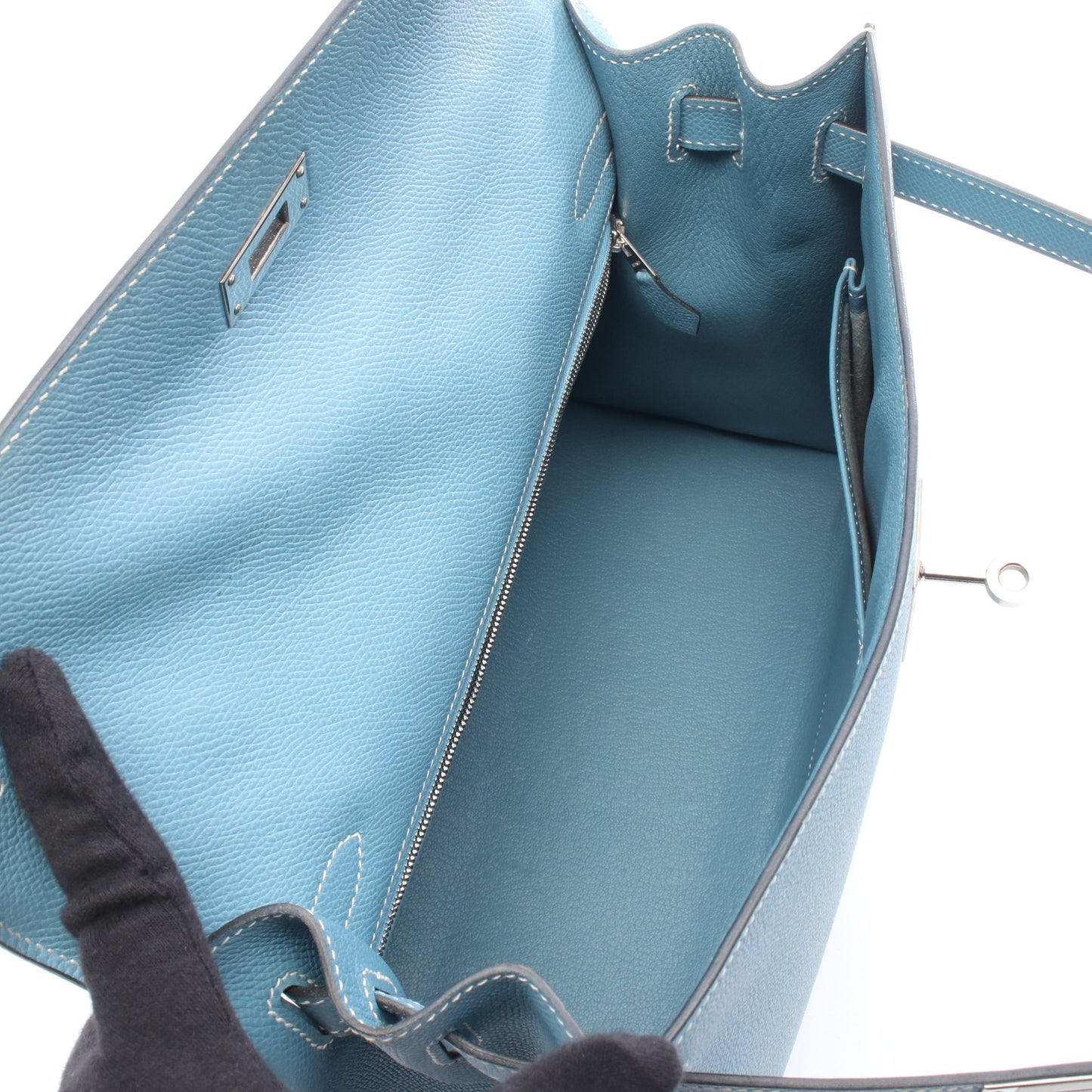 ケリー32 ブルージーン ハンドバッグ ヴォーエプソン ブルー シルバー金具 外縫い 2WAY □I刻印 エルメス バッグ HERMES