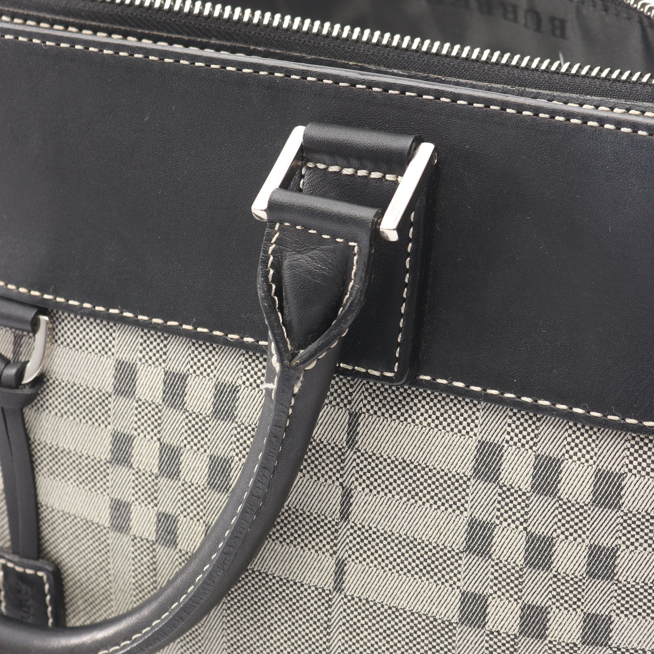 ハンドバッグ チェック キャンバス レザー アイボリー ブラック