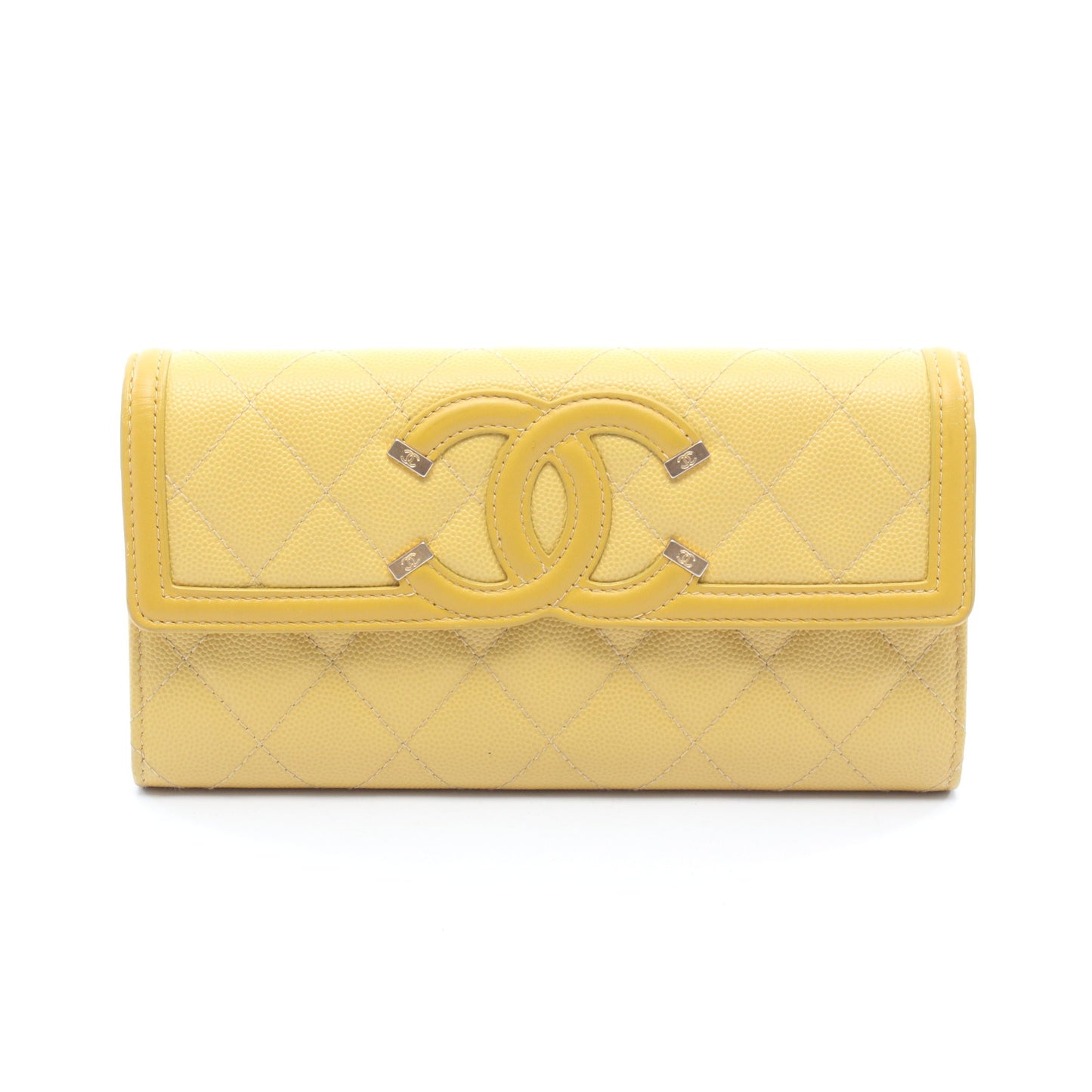 CCフィリグリー 二つ折り長財布 キャビアスキン レザー イエロー ゴールド金具 シャネル 財布・小物 CHANEL