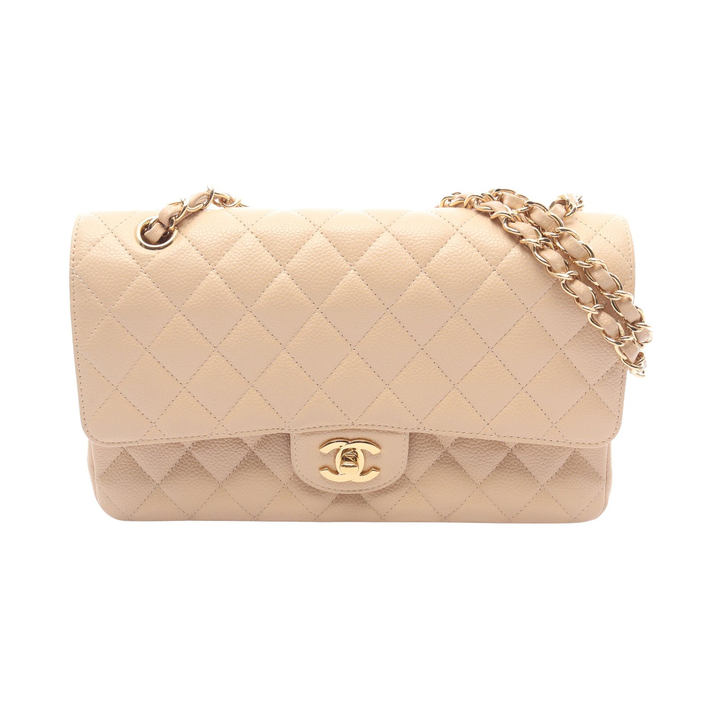 マトラッセ Wフラップ Wチェーンショルダーバッグ キャビアスキン ベージュ ゴールド金具 シャネル バッグ CHANEL