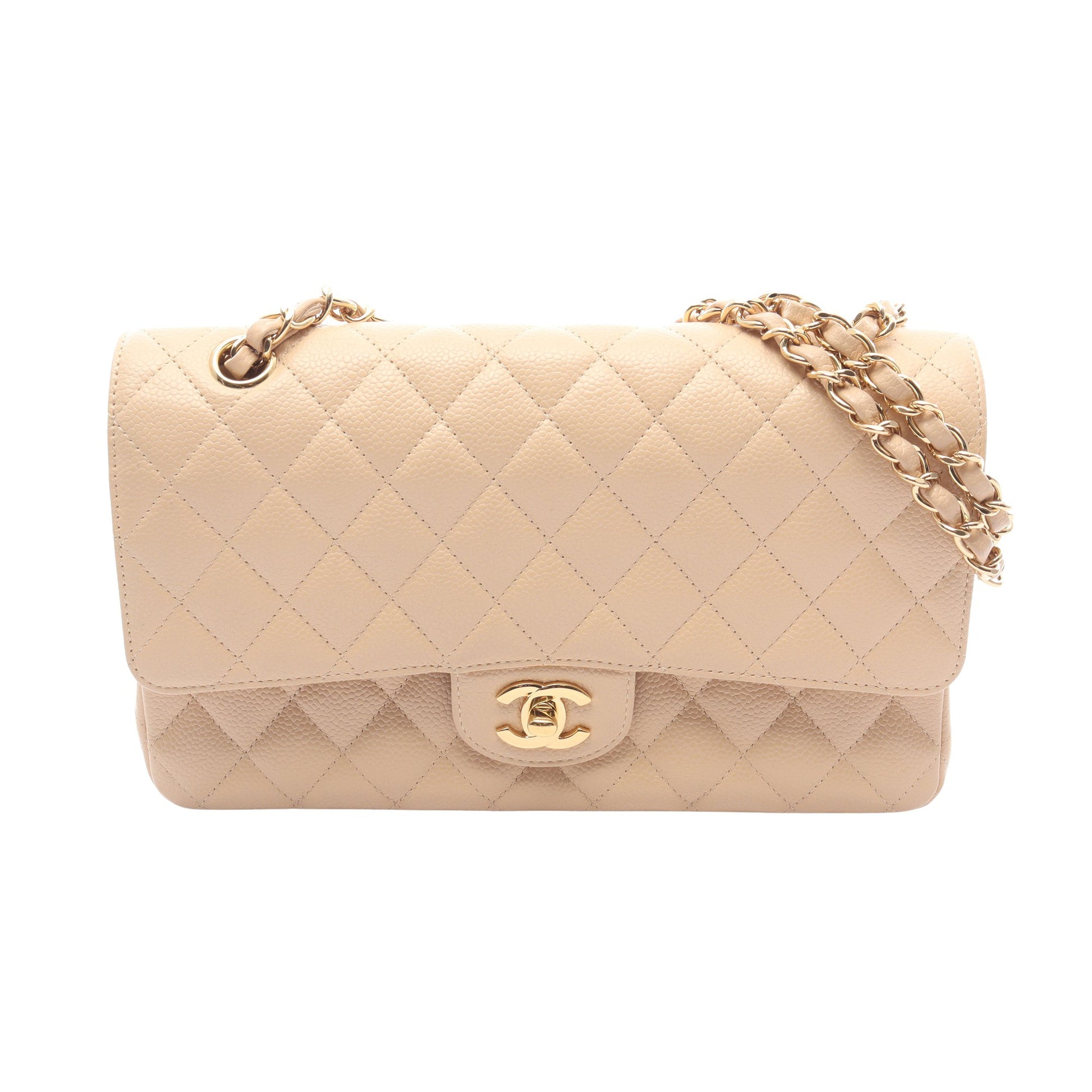 マトラッセ Wフラップ Wチェーンショルダーバッグ キャビアスキン ベージュ ゴールド金具 シャネル バッグ CHANEL