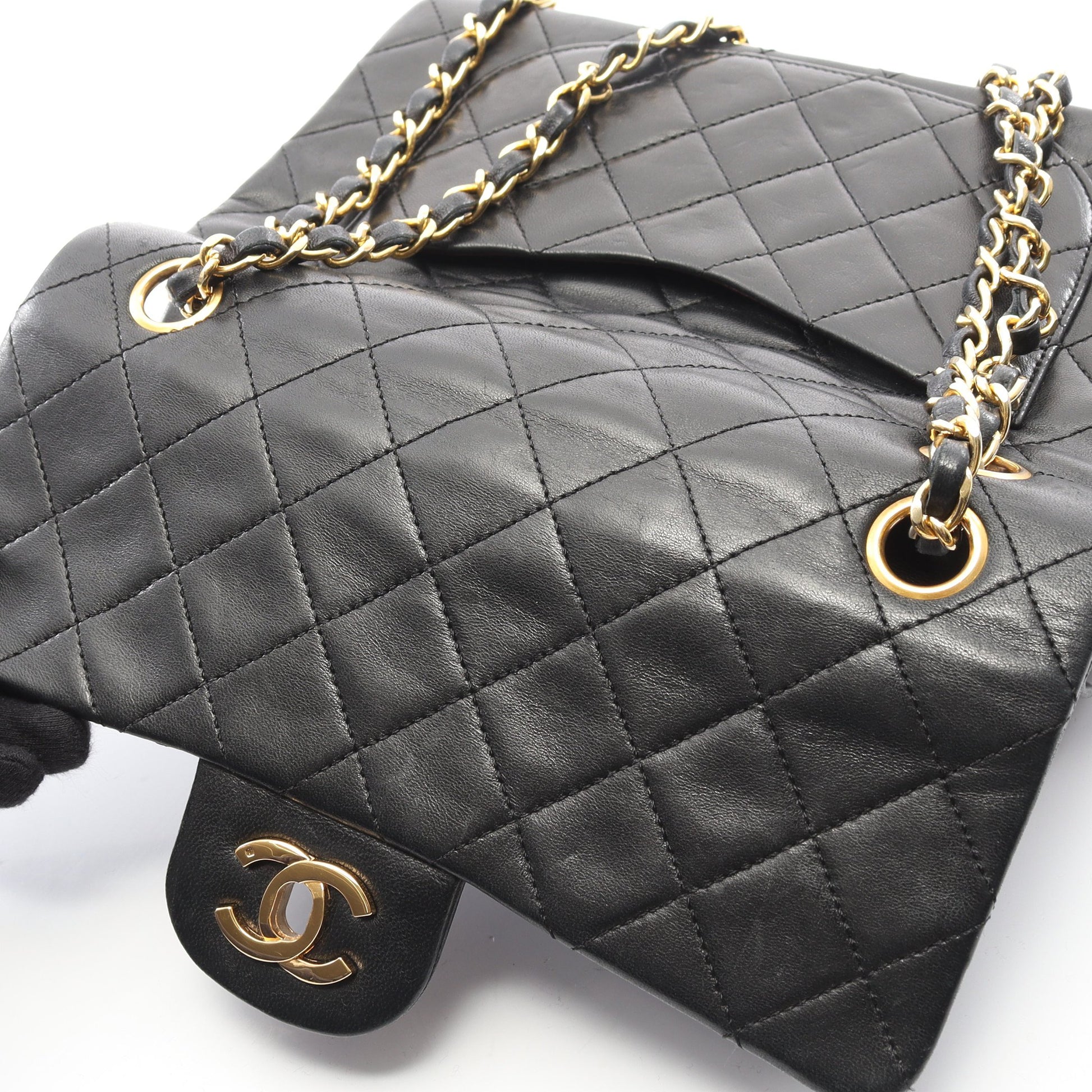 マトラッセ Wフラップ Wチェーンショルダーバッグ ラムスキン ブラック ゴールド金具 ヴィンテージ シャネル バッグ CHANEL