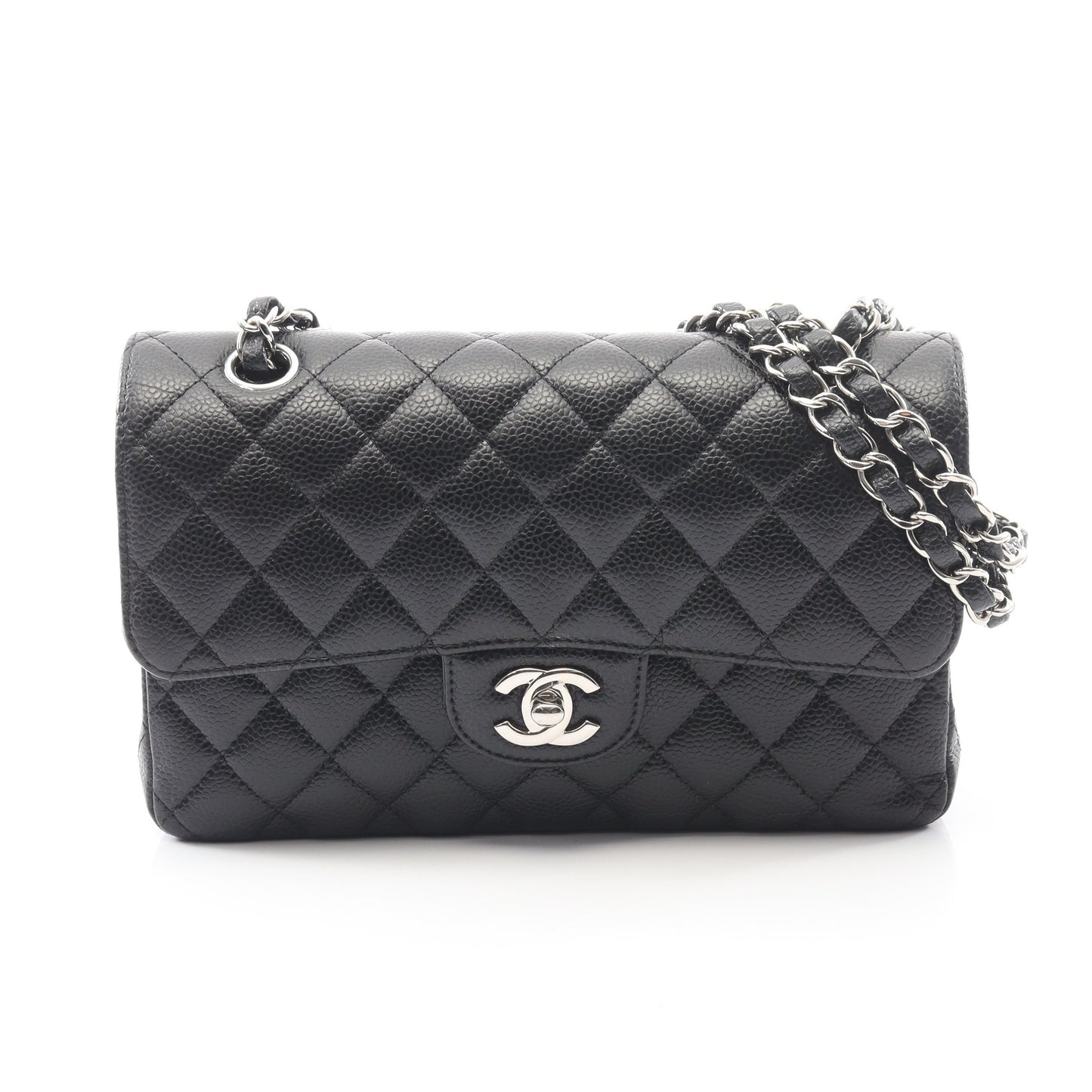マトラッセ Wフラップ Wチェーンショルダーバッグ キャビアスキン ブラック シルバー金具 シャネル バッグ CHANEL