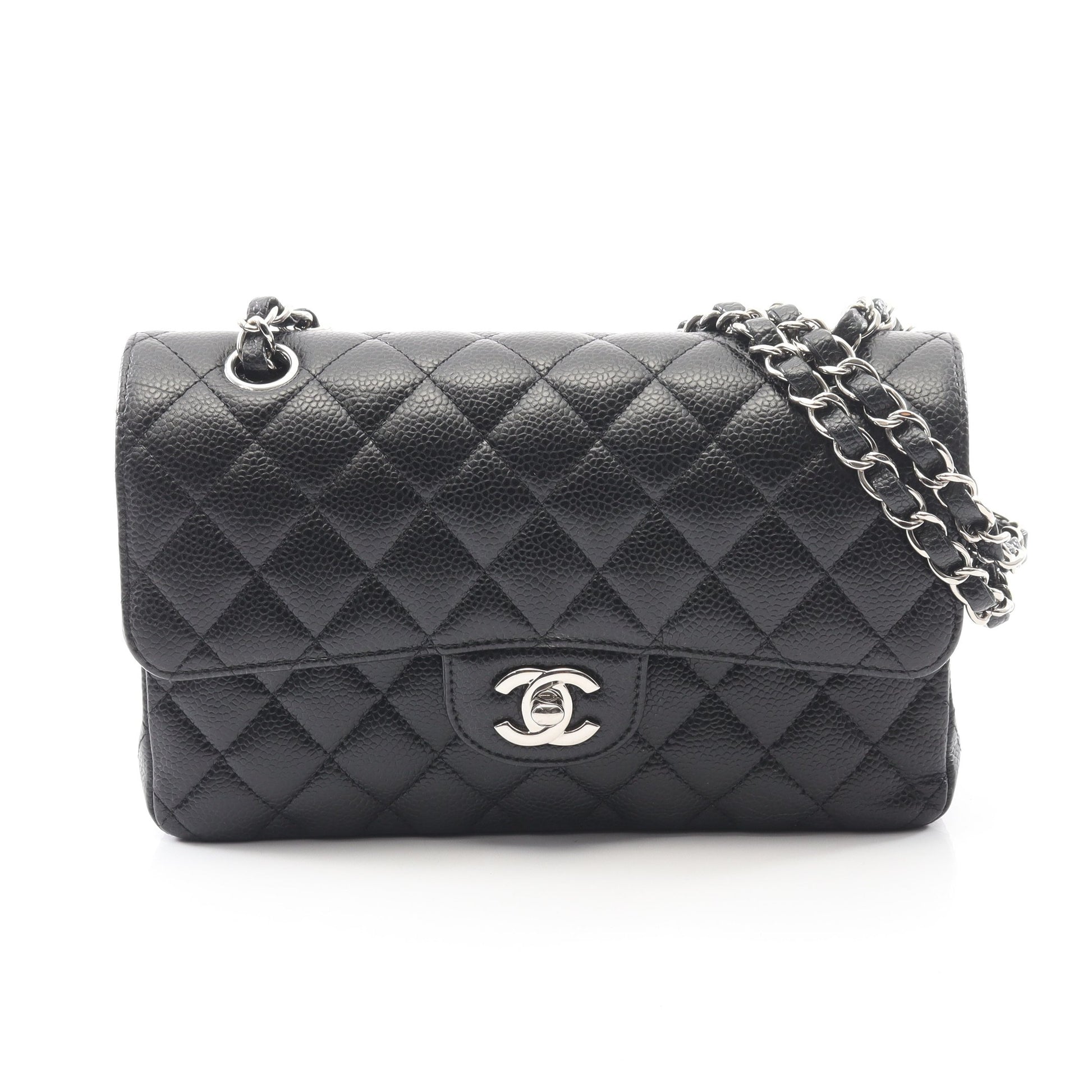 マトラッセ Wフラップ Wチェーンショルダーバッグ キャビアスキン ブラック シルバー金具 シャネル バッグ CHANEL