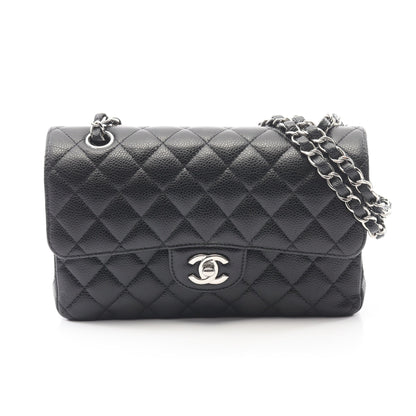 マトラッセ Wフラップ Wチェーンショルダーバッグ キャビアスキン ブラック シルバー金具 シャネル バッグ CHANEL