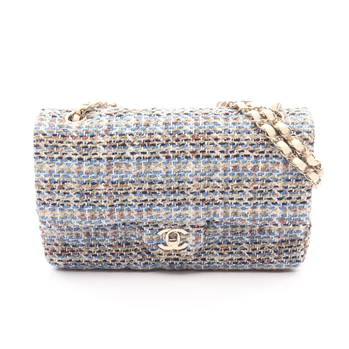 マトラッセ Wフラップ Wチェーンショルダーバッグ ツイード ブルー マルチカラー ゴールド金具 シャネル バッグ CHANEL