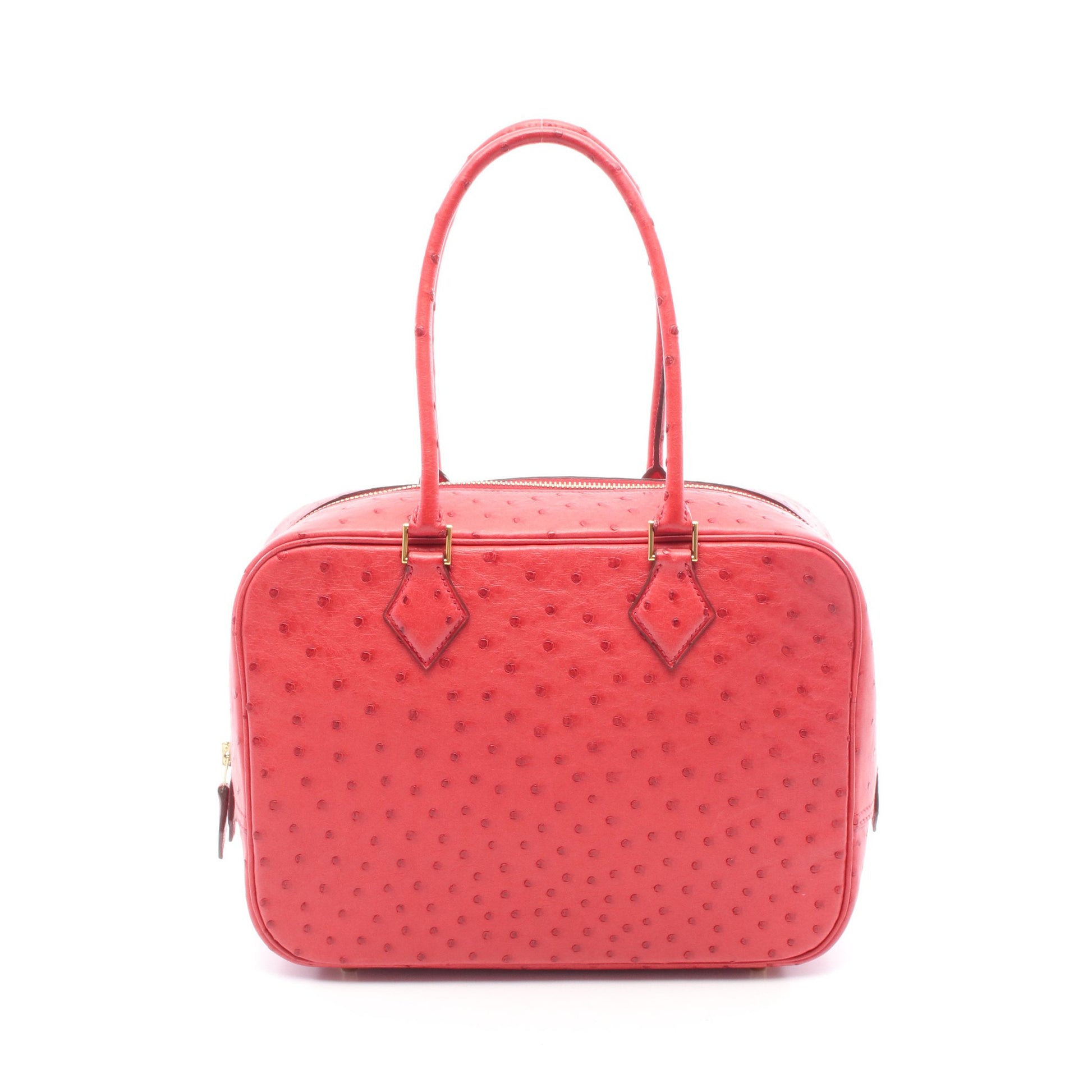 プリュム28 ルージュヴィフ ハンドバッグ オーストリッチ レッド ゴールド金具 □F刻印 エルメス バッグ HERMES