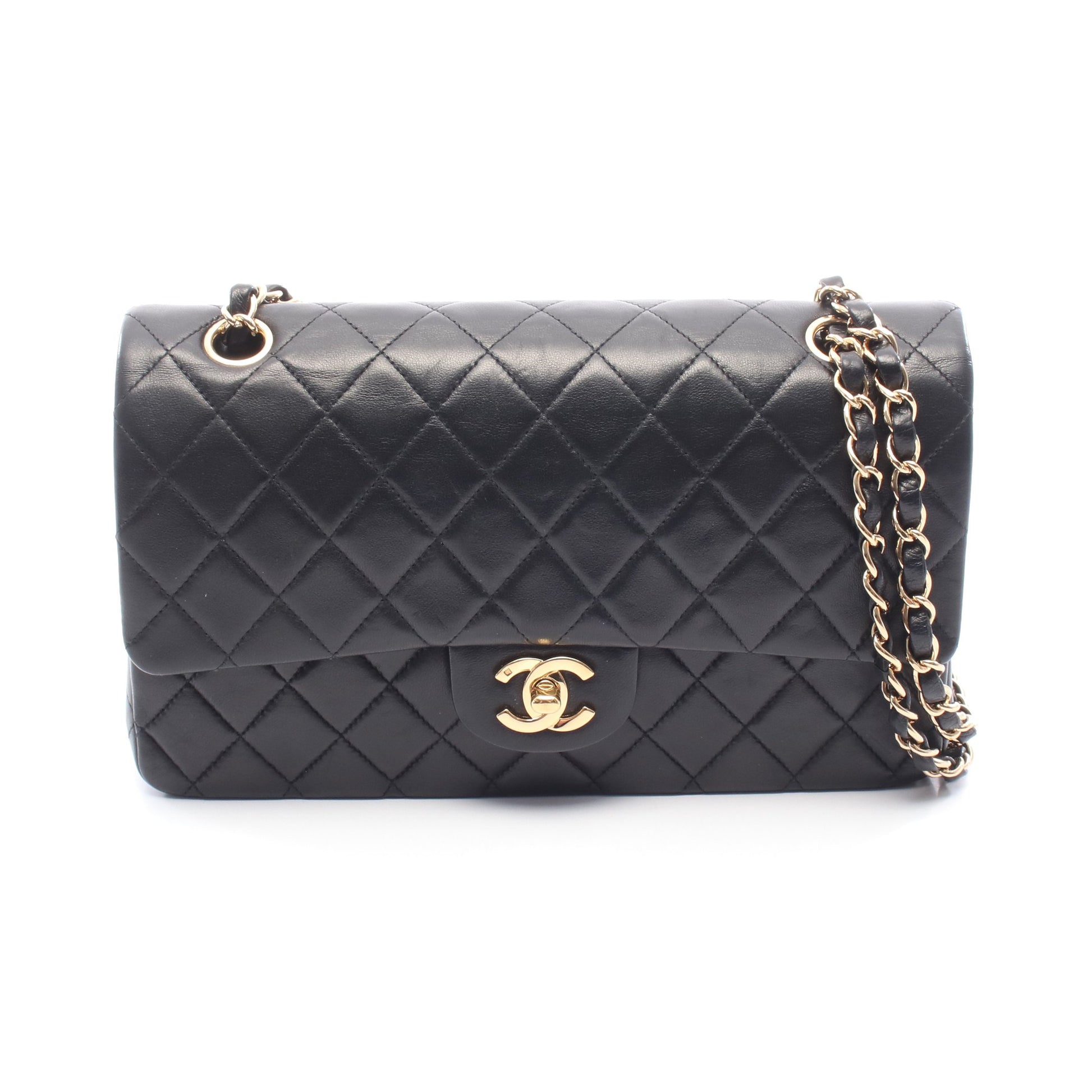 マトラッセ Wフラップ Wチェーンショルダーバッグ ラムスキン ブラック ゴールド金具 シャネル バッグ CHANEL